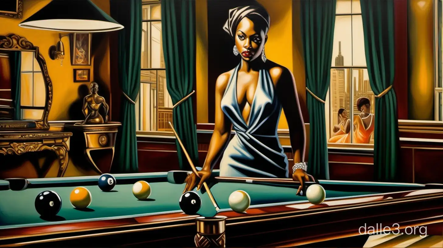 Description: Set within the opulent confines of an upscale billiard parlor, this Tamara de Lempicka-style painting showcases an African-American woman engaged in a game of billiards. She commands attention with her poised demeanor, standing confidently beside the Art Deco-inspired pool table. Dressed in a glamorous gown that accentuates her grace and strength, she holds the cue with finesse, ready to make her next shot. The room exudes luxury, with lavish furnishings and intricate details adorning the surroundings. Soft, ambient lighting casts a warm glow over the scene, enhancing the sense of sophistication and refinement. Other patrons observe the game with admiration, their faces illuminated by the subtle radiance of the setting. Through the windows, glimpses of a bustling cityscape add to the allure of the upscale parlor. The painting captures a moment of elegance and empowerment, celebrating the beauty and resilience of the African-American woman looking straight aheadwithin the backdrop of timeless sophistication.