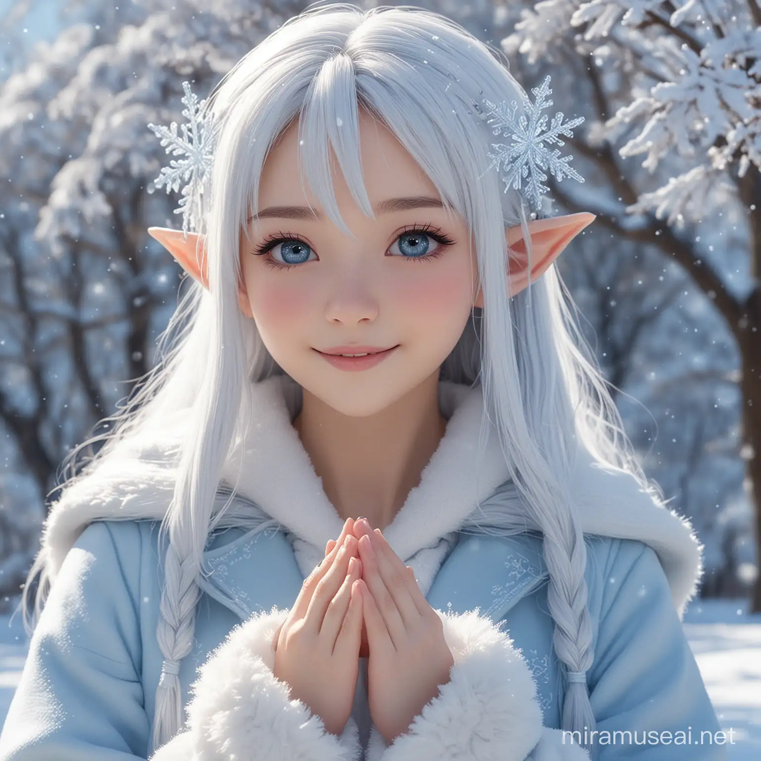 Ayaka Kamisato, High-quality anime illustration of a cute and beautiful elf girl, elf ears, silver white hair, very long straight hair down, blue eyes, wearing a cute light blue winter coat, soft and gentle expression, detailed hair, cute and kawaii expression, magical atmosphere, anime, detailed eyes, fluffy design, fur trim, professional, 8k, hd, high resolution, best quality, warm lighting, cute, smiling at viewer, innocent, medium breasts, thighs, snowflake hair ornament, ice, icicles, beauty, snow beauty, ice elf princess, petite body, open palms together, a single magical snowflake hovering over her open palms