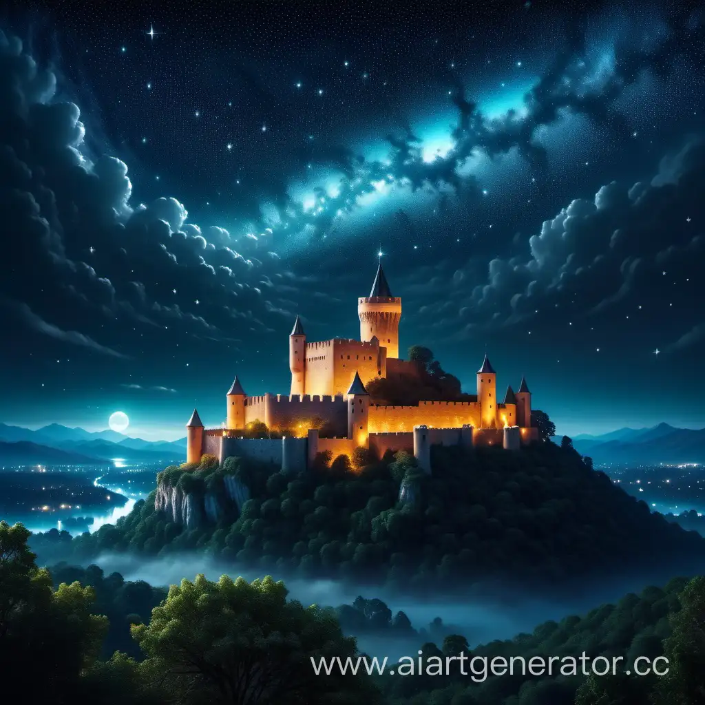 звездное небо ночью над древним замком, мистическая и волшебная атмосфера, высокое разрешение hyper realistic