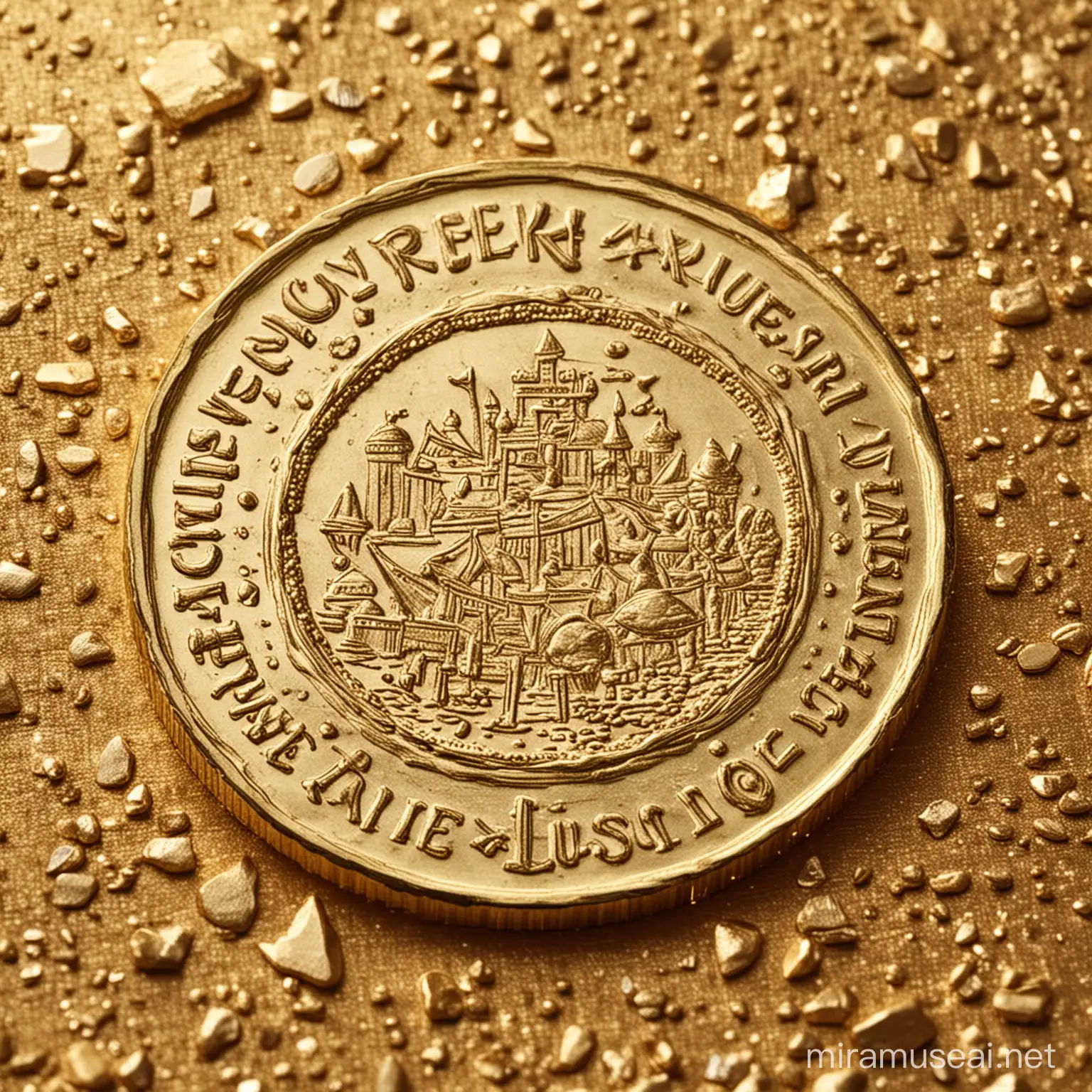a gold coin that has a treasure pile at its centre