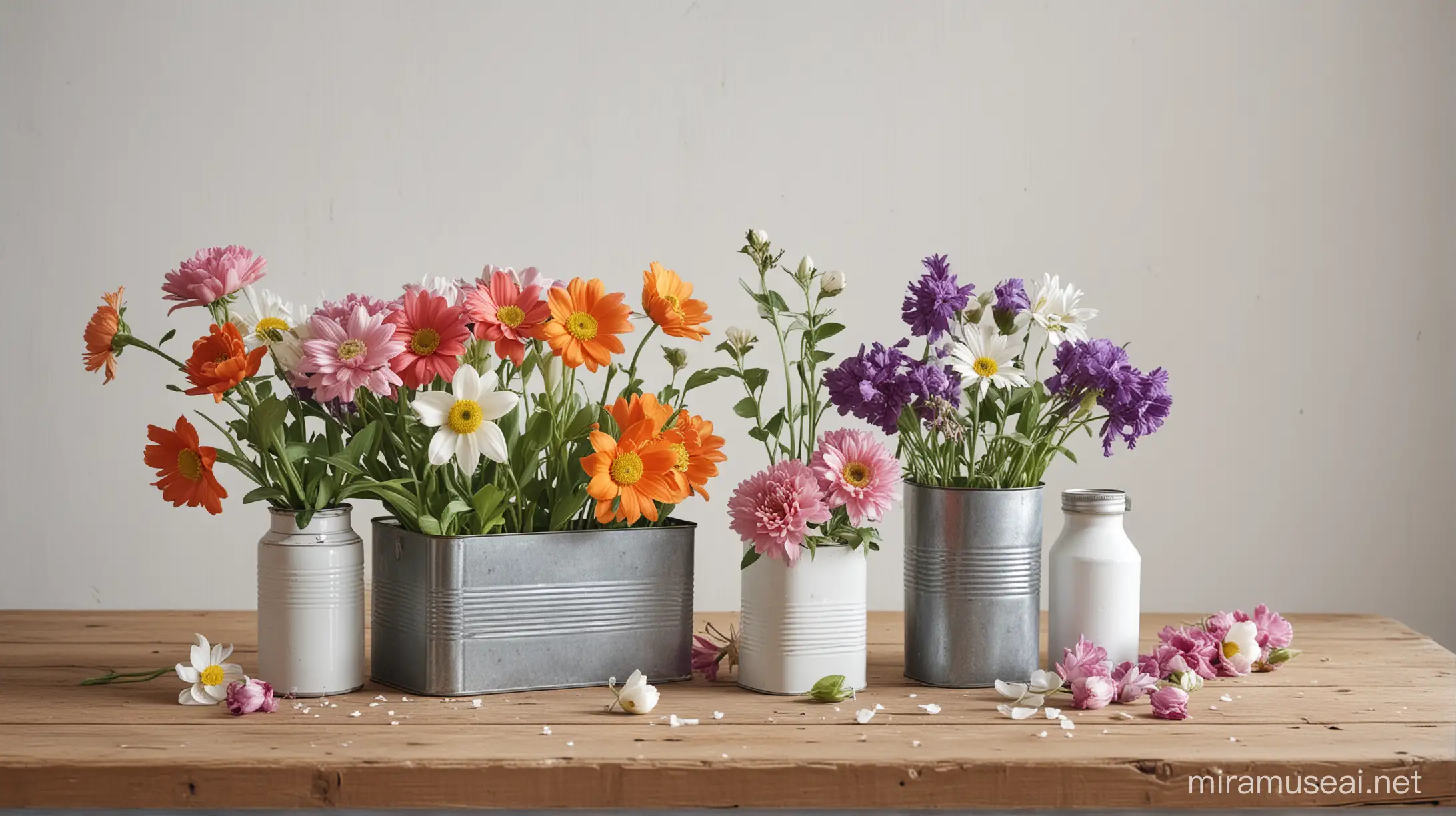 generate me a 1920px by 1080px wallpaper of fresh flowers in an egg carton and another set of flowers in an old can food tin can, set on a wooden table with a clean white painted wall. keep the image realistic 