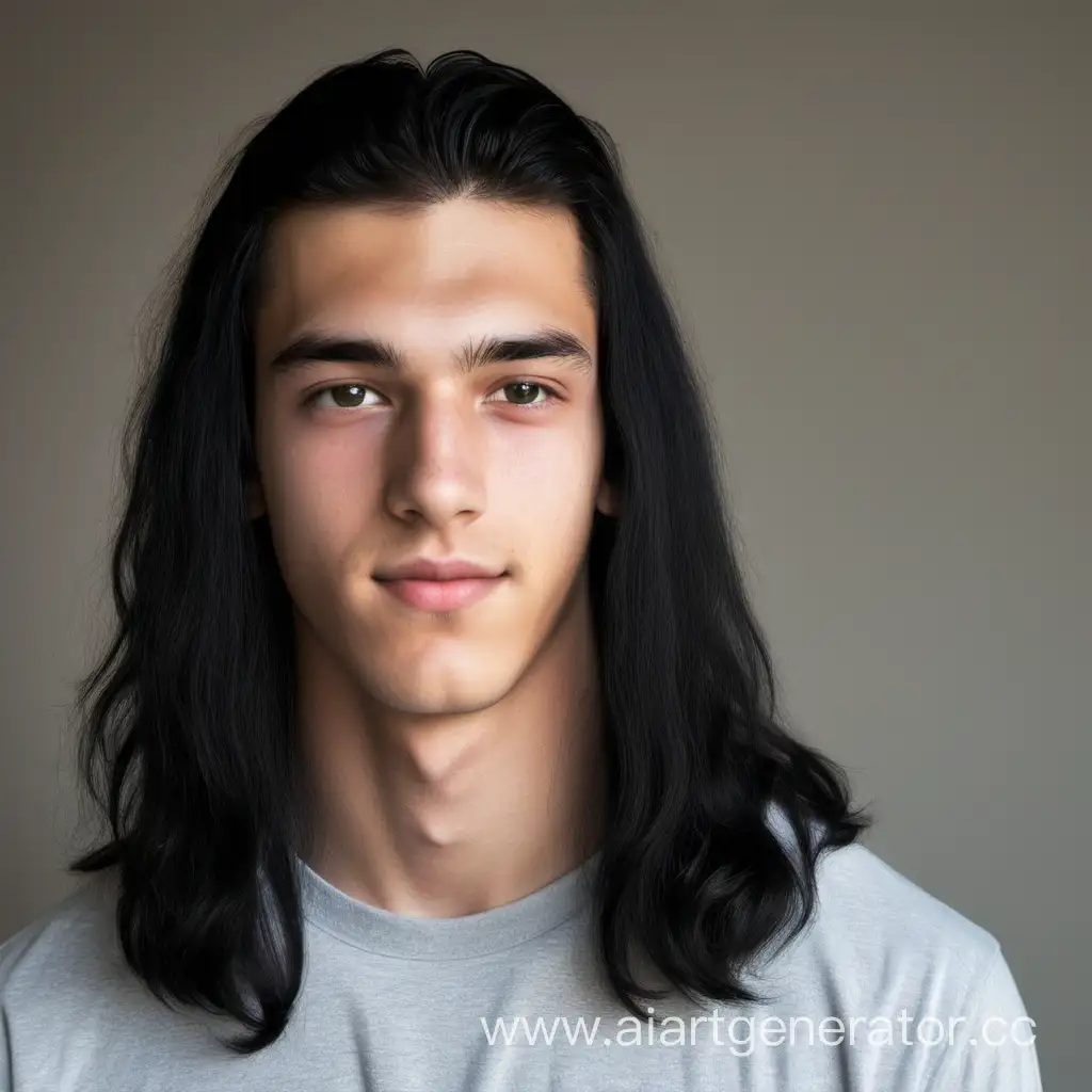 парень лет 18 с длинными черными волосами без бороды и щетины 