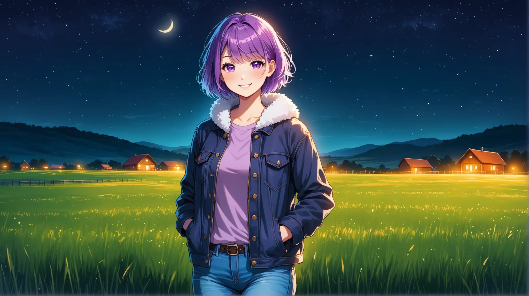 Draw a young woman with short fluffy purple hair and purple eyes standing alone in the countryside outside at night while she is wearing jeans and a jacket with her hands in her pockets and smiling at the viewer