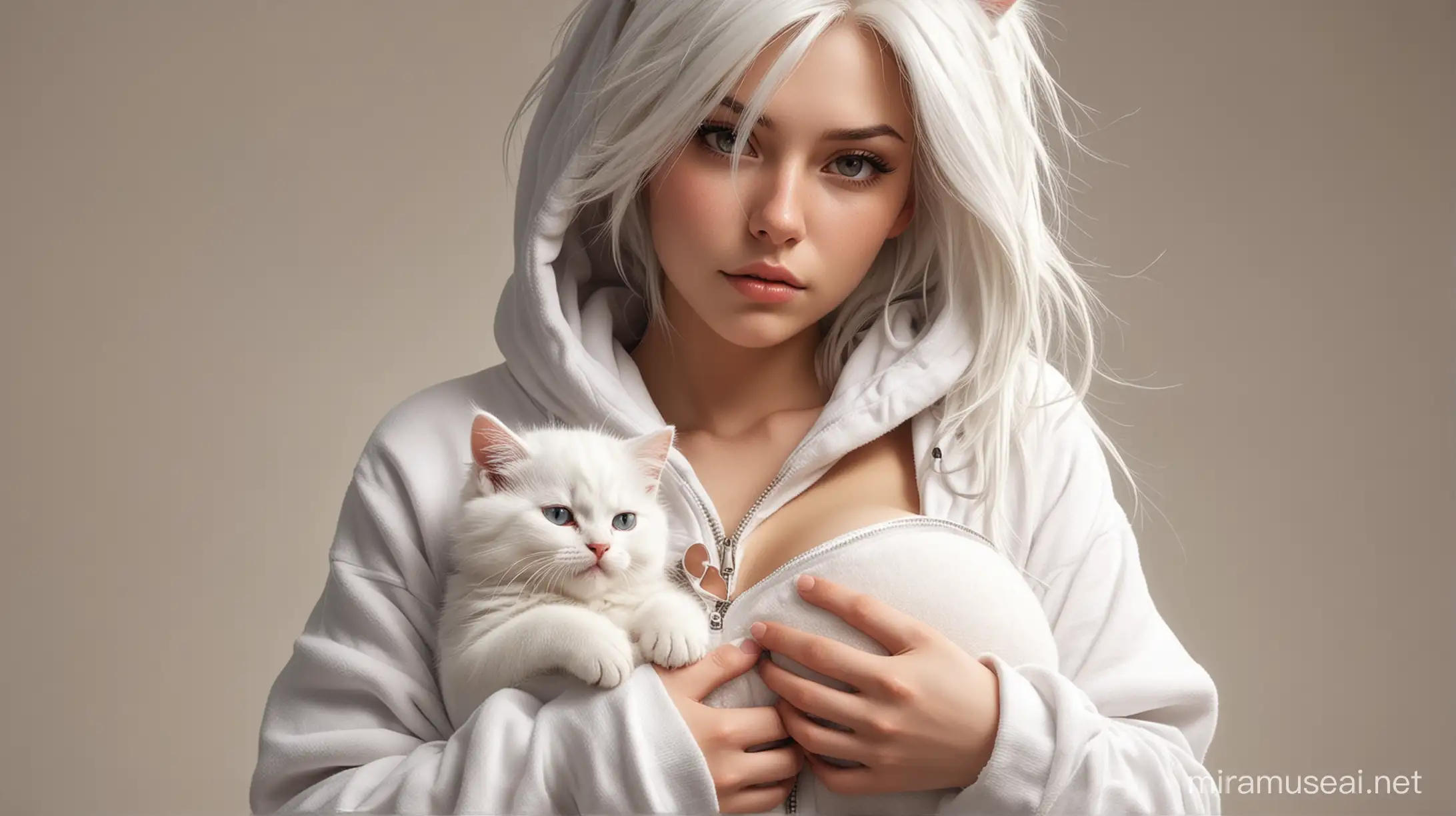 An extremely gigantic woman. She is a cat spirit. She is extremely cute, sexy, seductive, beautiful, and muscular. She has white cat-like hair which are long and wispy. She is wearing a cute cat hoodie. She is hiding a small kitten between her breasts under the zipper. she has a messy hairstyle. extremely large breasts; very big cleavage;