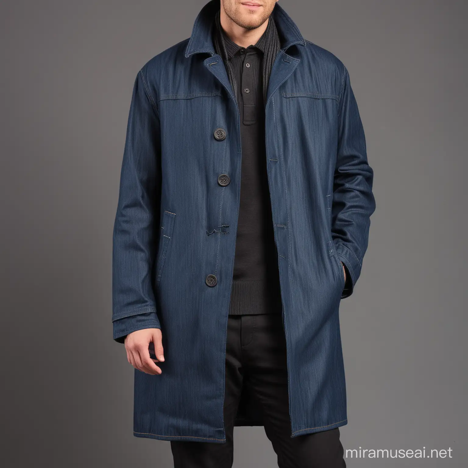 mens urban style denim 3/4 length overcoat