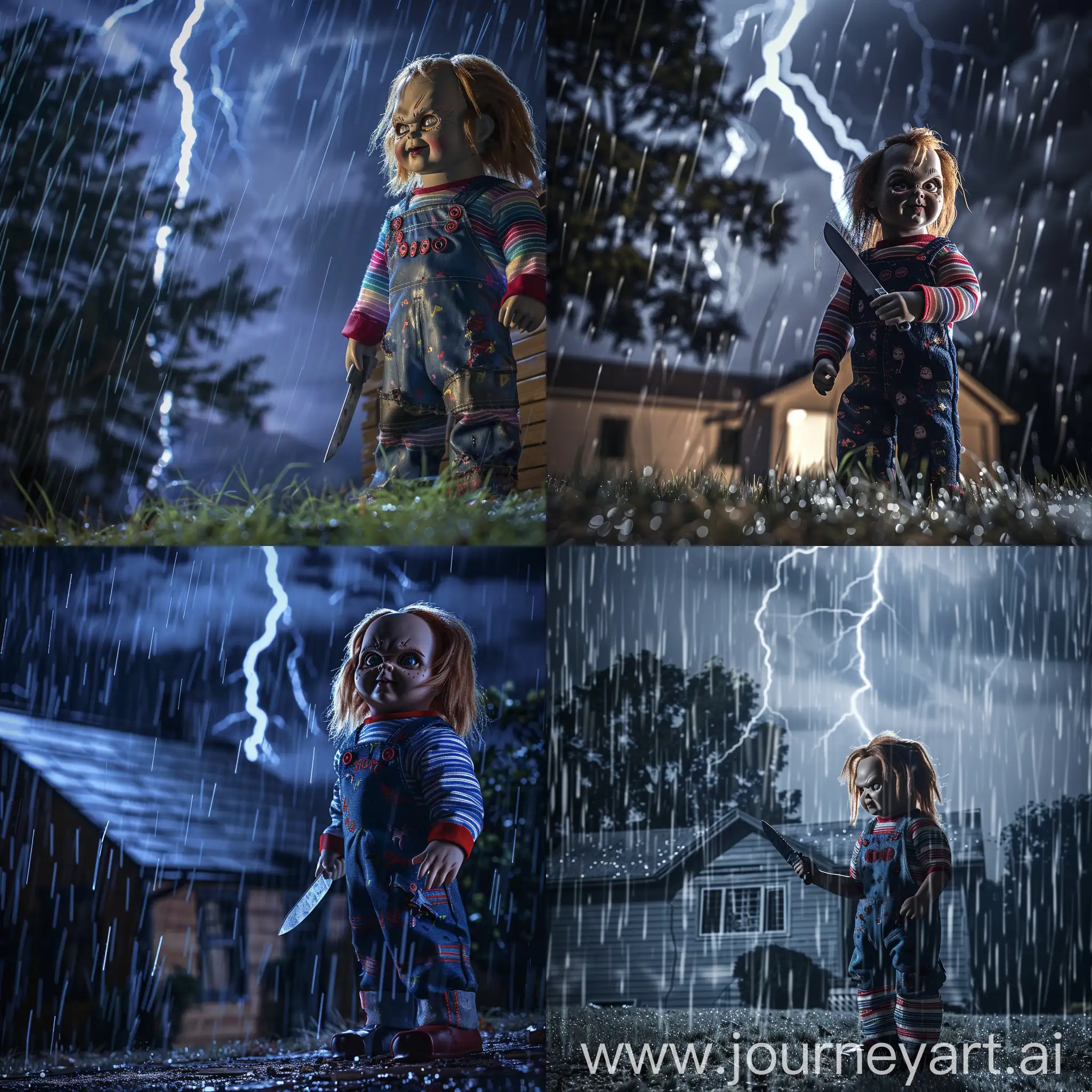 Horror movie icon Chucky standing at the yard of the house with a knife in his hand, midnight, thunderbolt striking background, rainy, cinematic lighting, realistic image