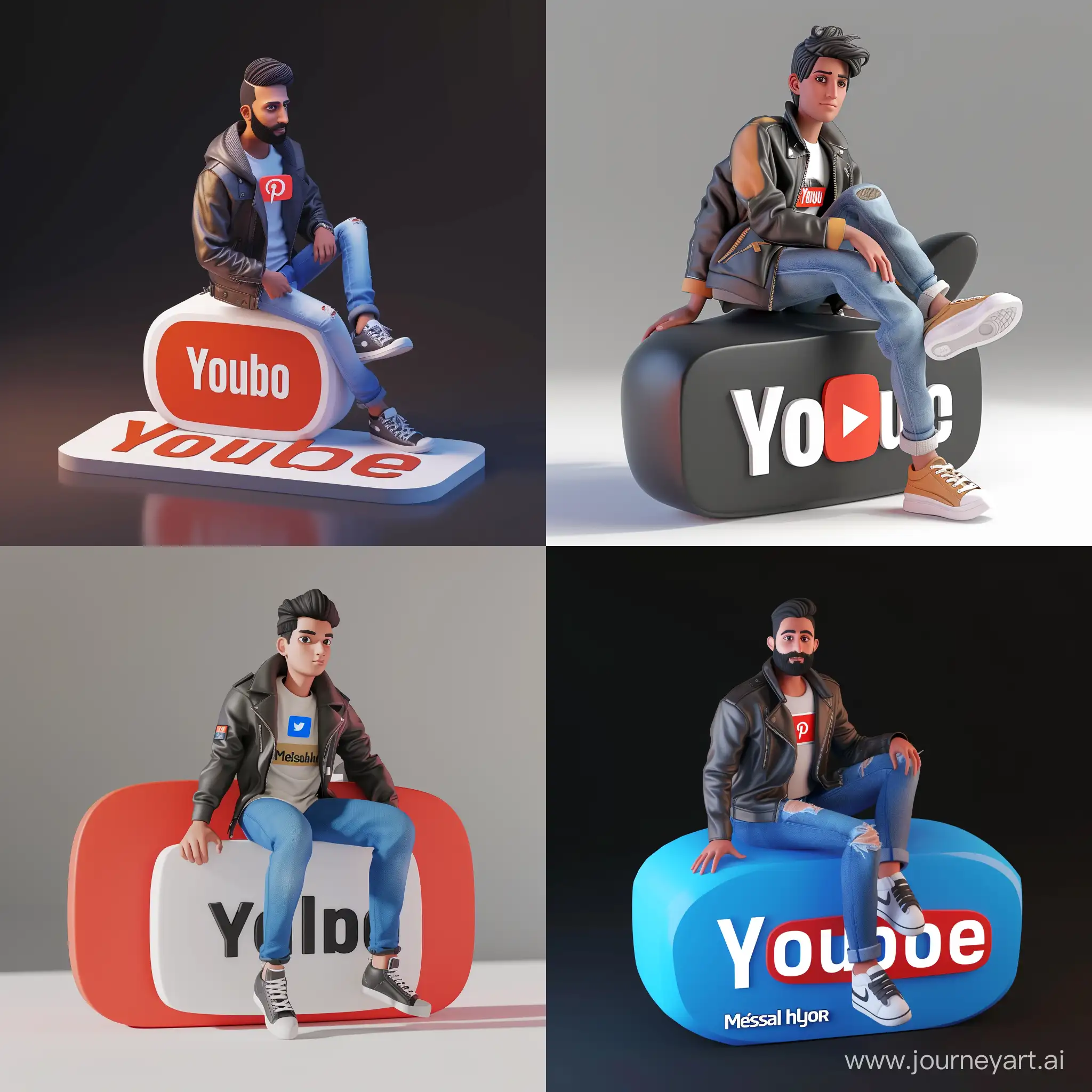 
Create a 3D illustration of an animated character sitting casually on top of a social media logo "YouTube". The character must wear casual modern clothing such as jeans leather jacket and sneakers shoes precisely. The backdrop showcases a meticulously designed social media profile with the username "Meshal hjor" perfectly synchronized with the profile picture mirroring the animated character's essence. Accuracy is paramount, ensuring no misspellings in the text
