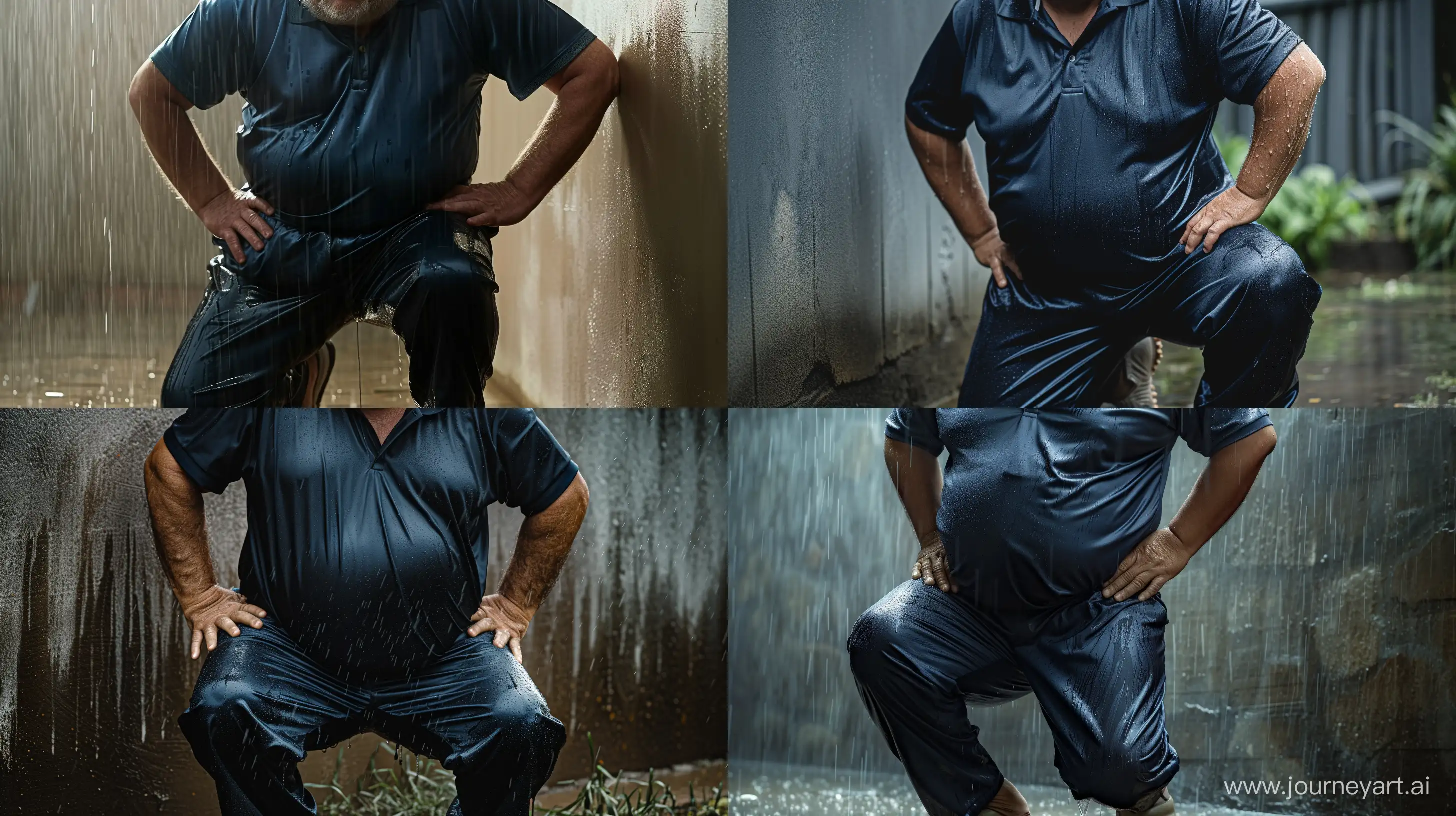 Front view close-up photo of a fat man aged 60 wearing a drenched silk navy tracksuit pants and a drenched tucked in sport silk polo shirt. Kneeling against a wall in a heavy rain. Hands on hips. --style raw --ar 16:9