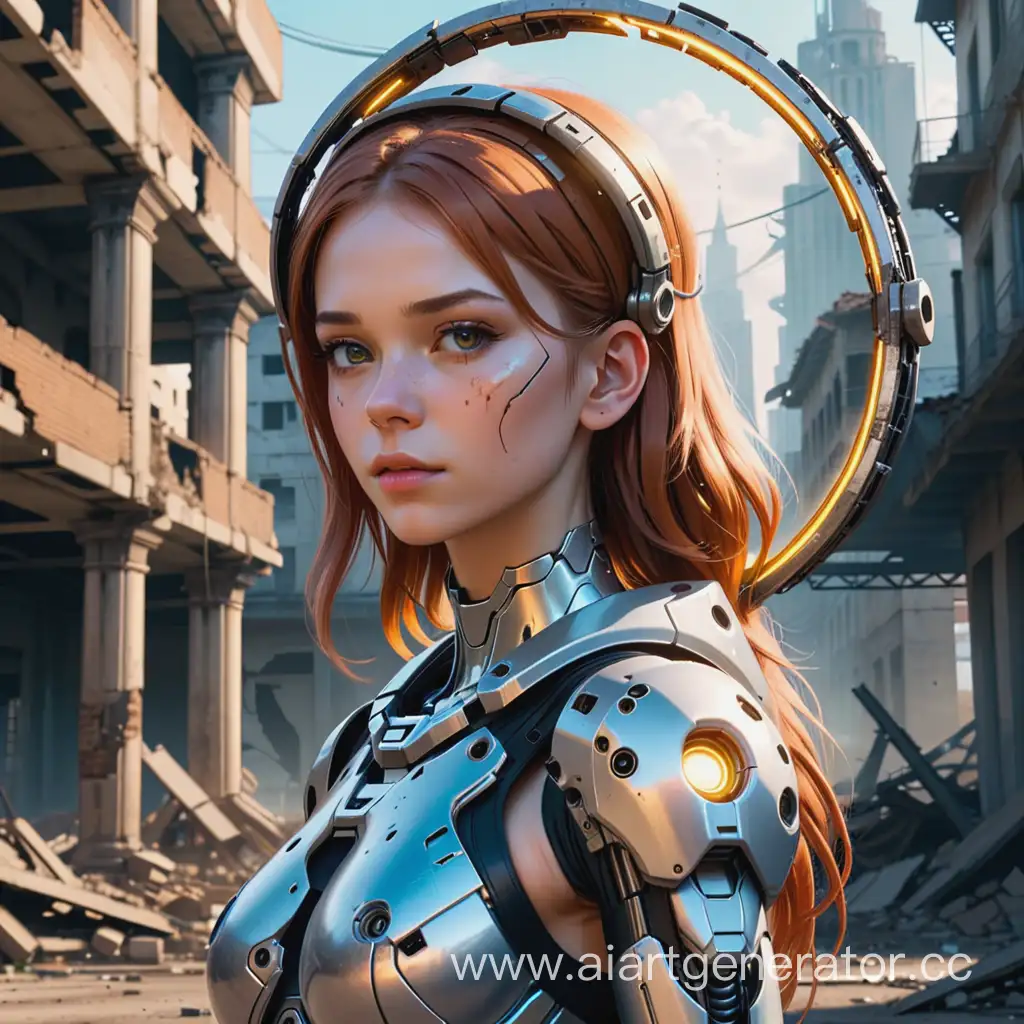 A cyborg girl with a halo over her head. It stands in a ruined and abandoned city