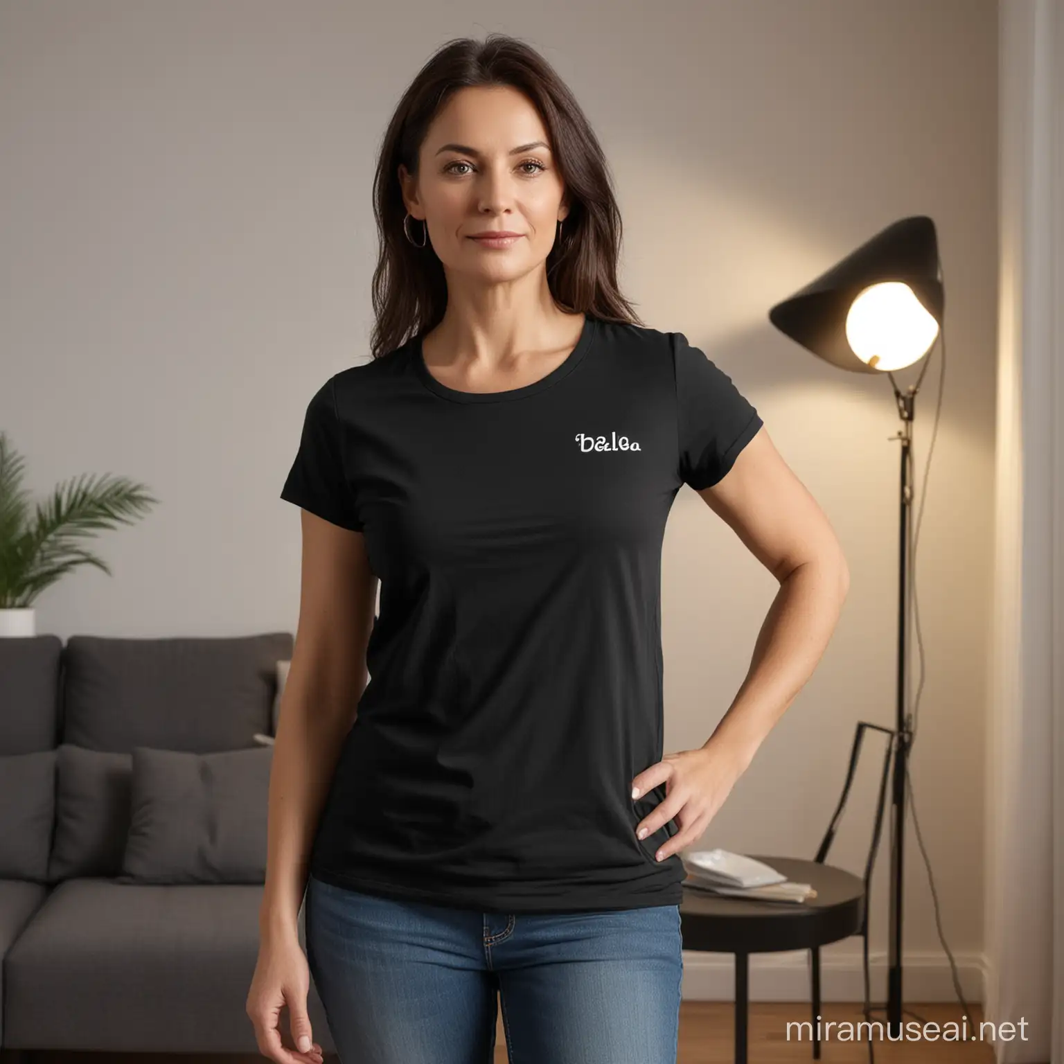 Subject: An middle-aged woman

Setting: Well-lit indoor room with minimal furnishings

Background: Plain black T-shirt

Lighting: Good lighting to enhance visibility and highlight design details

Styling: Tastefully styled presentation of the T-shirt frontage

Action: Showcasing designs on the T-shirt

Items: Bella 3000 mock-up photo featuring a plain black t-shirt

Costume or Appearance: Elegant attire suitable for an woman