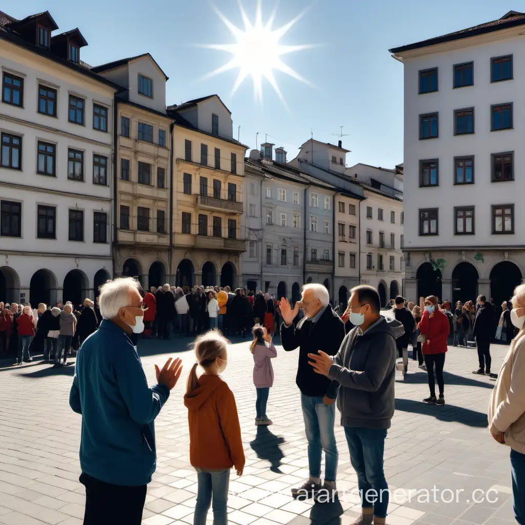 square of the old town, in the center there is a large square mirror in the old style. Residents of the city gather around, cheerful. The sun is shining, the long-awaited peace and tranquility has arrived. A journalist, a gray-haired man, a thin woman, a man of average build and a 6-year-old girl are standing near a mirror and city residents are applauding them.