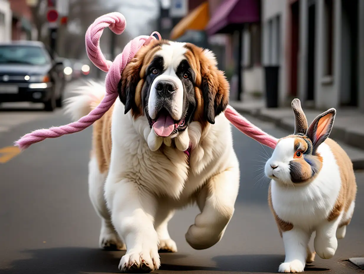 Photographically realistic, high definition, A St. Bernard dog walking the street with a happy rabbit with a pink hair loop riding his back
