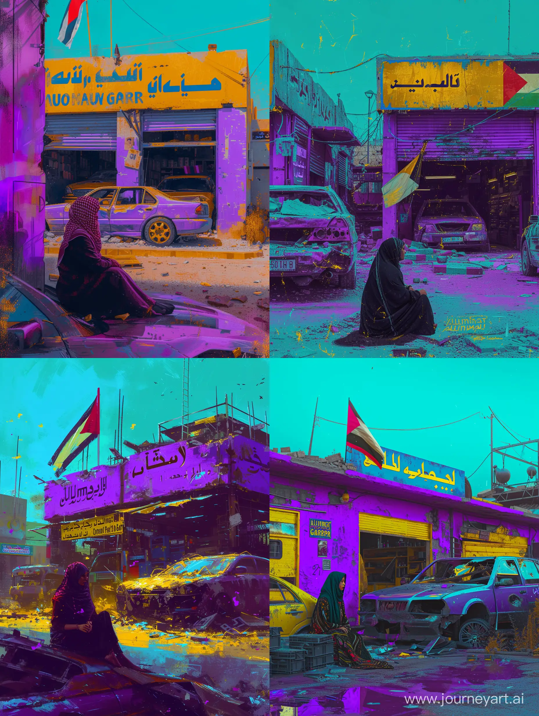 extra realistic a Palestinian woman is sitting in front of a car workshop that was destroyed by a bomb attack. workshops are purple and yellow. There is a Palestinian flag. a sign that says 'Altimat Auto Garage'. refraction of blue and yellow light. morning mood