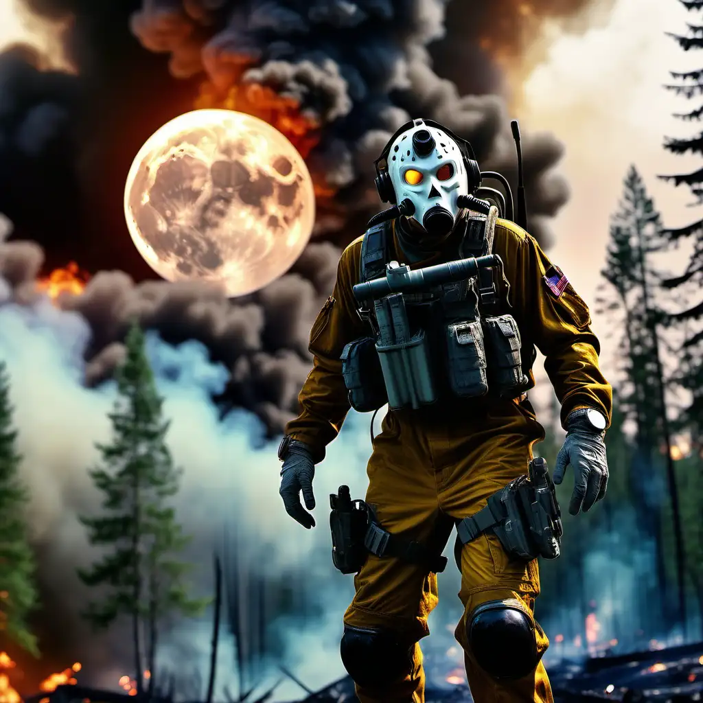 Anthropomorphic Jet Call Duty Costume in Panoramic Forest Fire Ultra Realistic 8K Technicolor Movie
