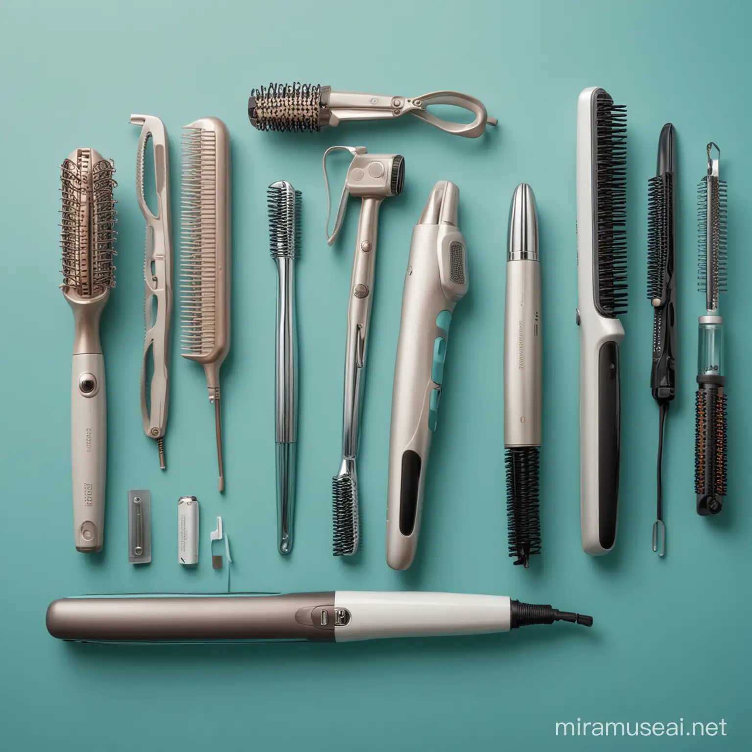 hair straightener, curling irons and other hair tools in a teal background