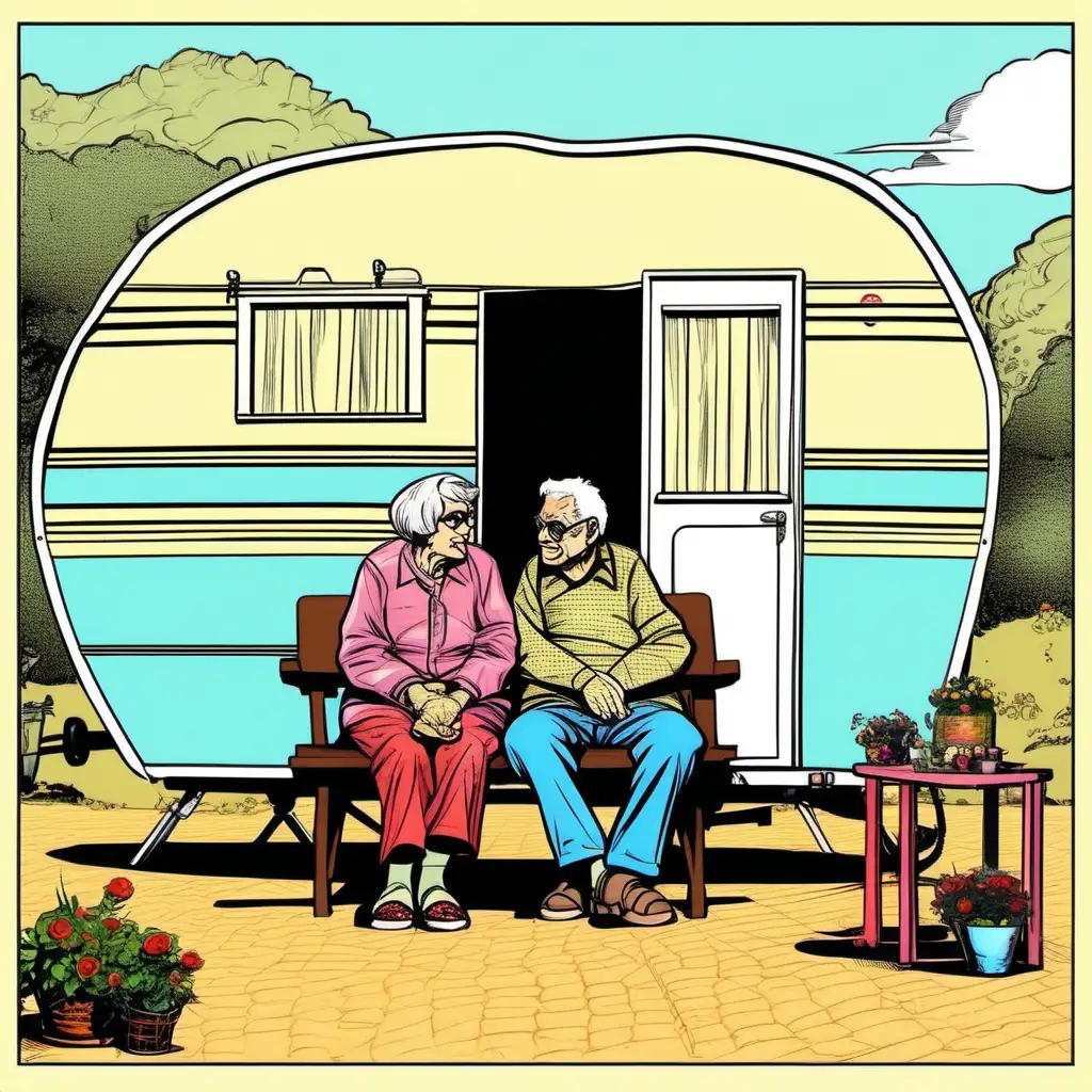 Romantic Seniors Enjoying Leisure Time by Their Caravan in Comic Style