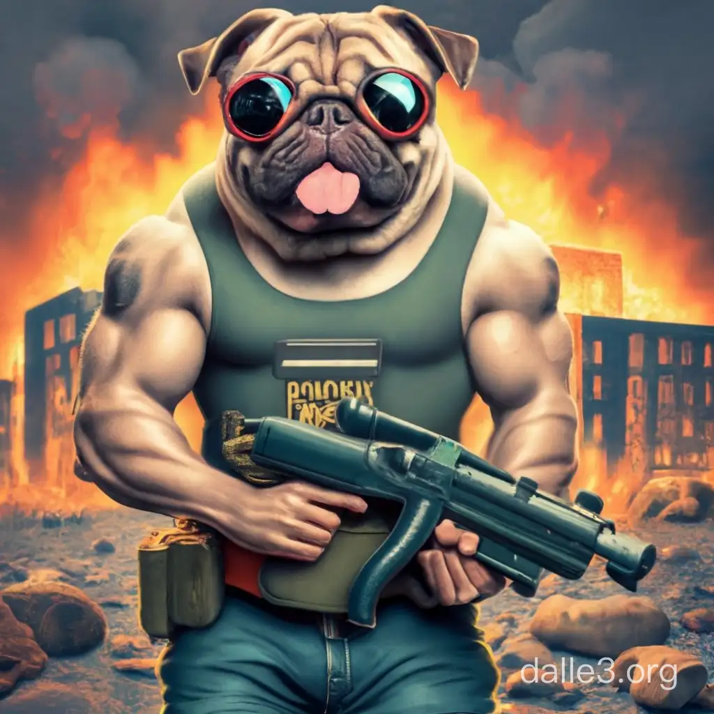 Very muscular pug holding a grenade launcher, burning building behind him, has sunglasses on photo realistic