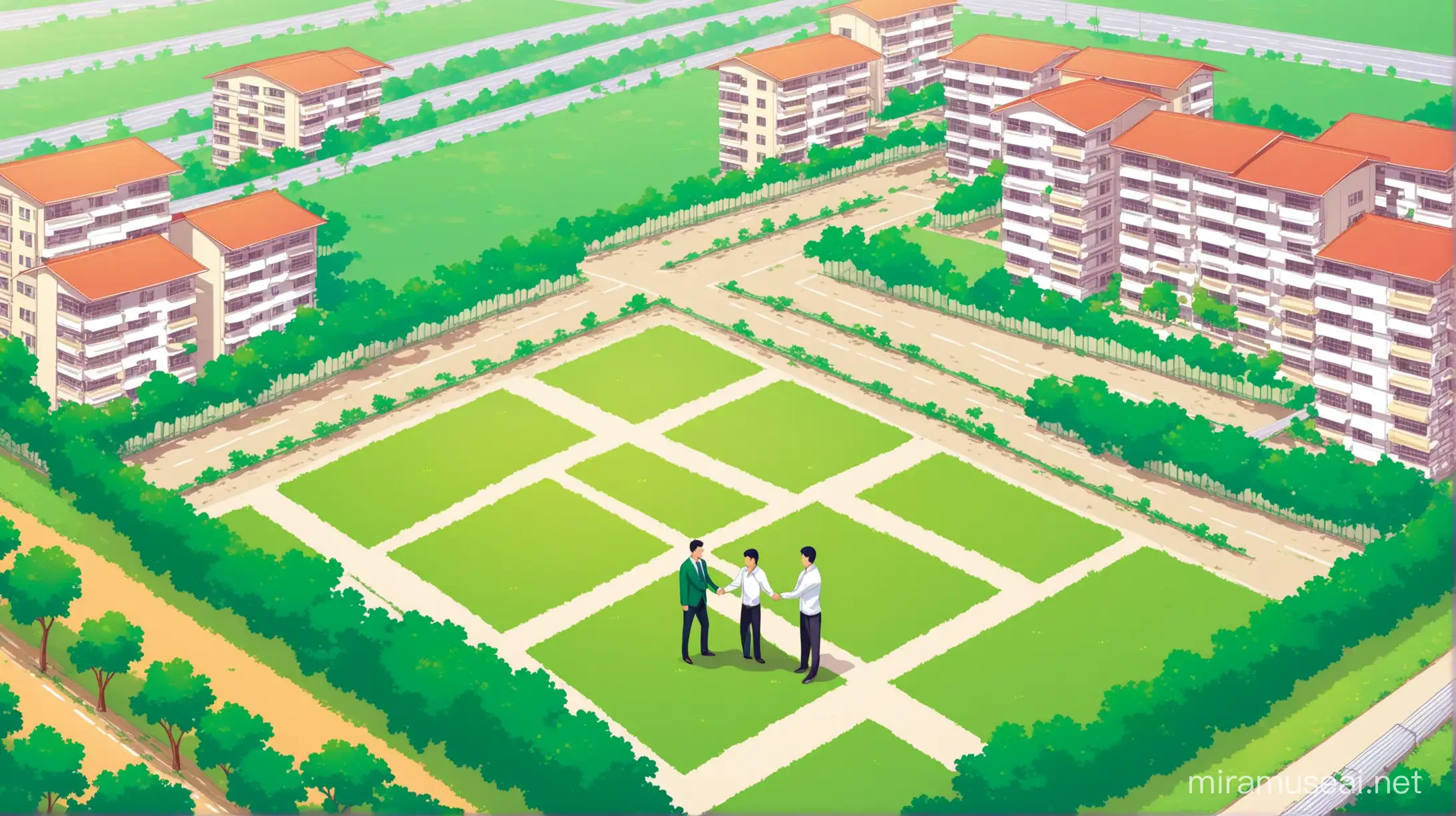 Make an illustration of a man byuing a plot land from realtor . standing 2 person shaking hands on a land plot to buy the land.  Plot of land is big and lush green surrounded by flats and apartment. connected by national highway. Near by school.