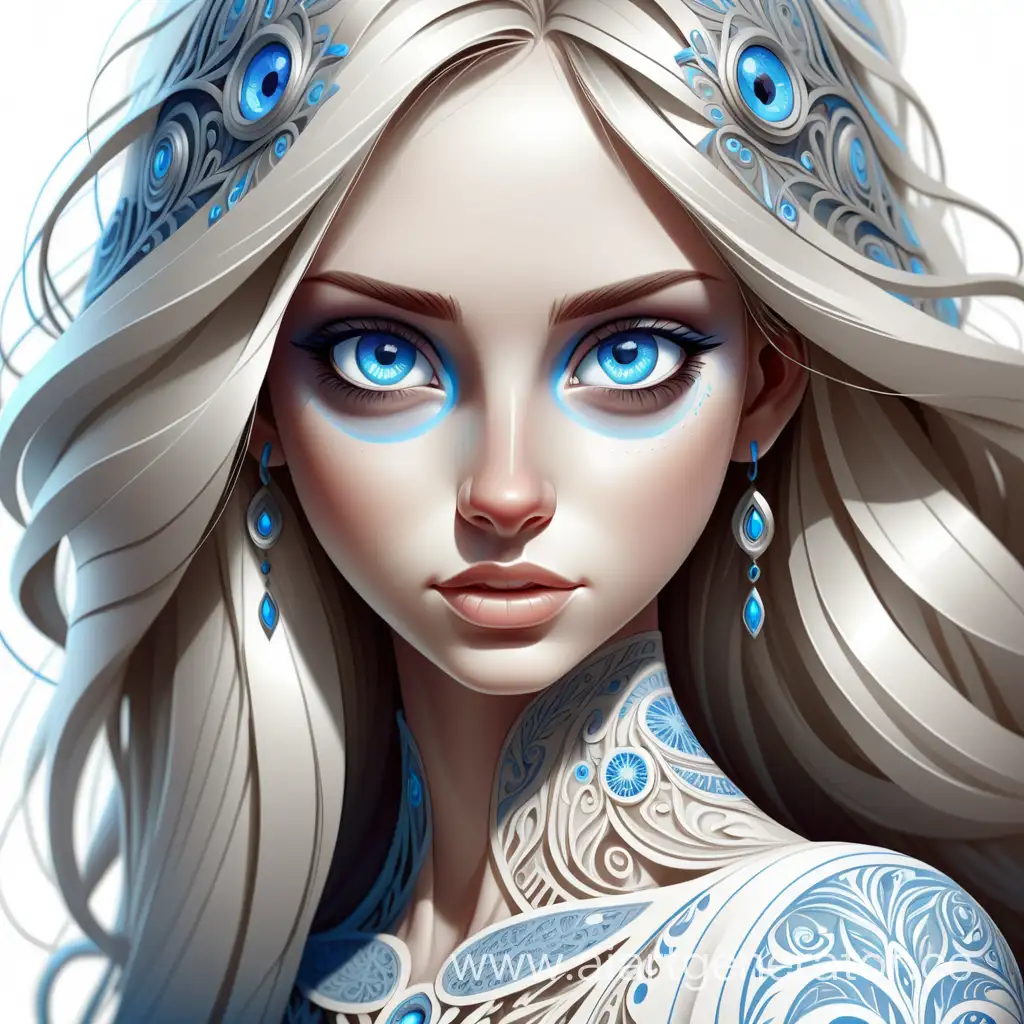 красивая девушка, детально прорисовано лицо, голубые глаза,  на белом фоне, во весь рост