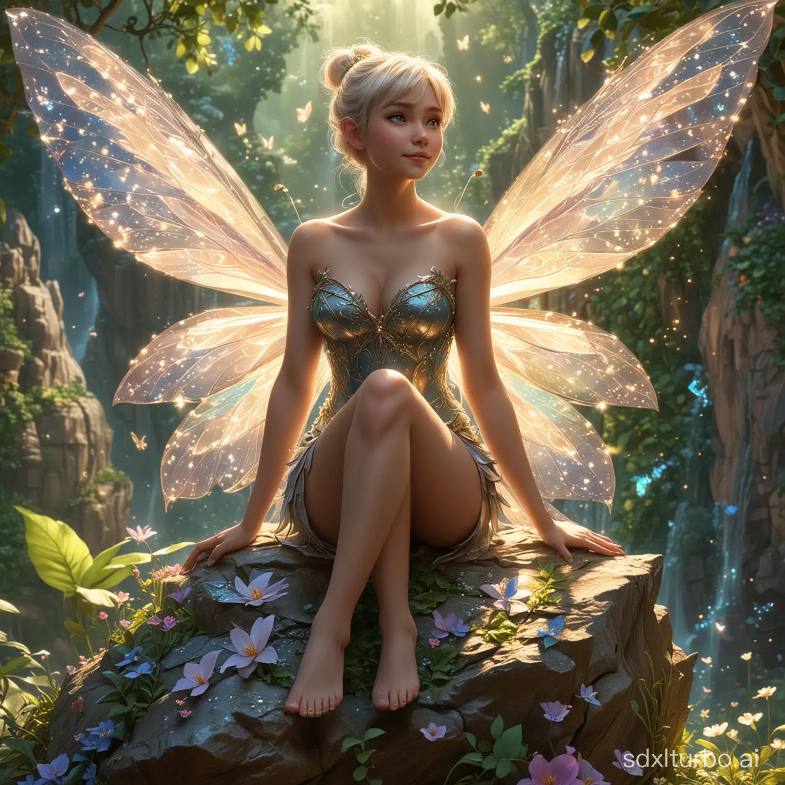 a beautiful fairy sitting on top of a rock, trending on cg society, highly intricate wings!, pixie, intricate body, tinkerbell, the non-binary deity of spring, she has a glow coming from her, beautiful painting of a tall, amazing wallpaper, glistening body, art in the style of disney, super detailed and realistic