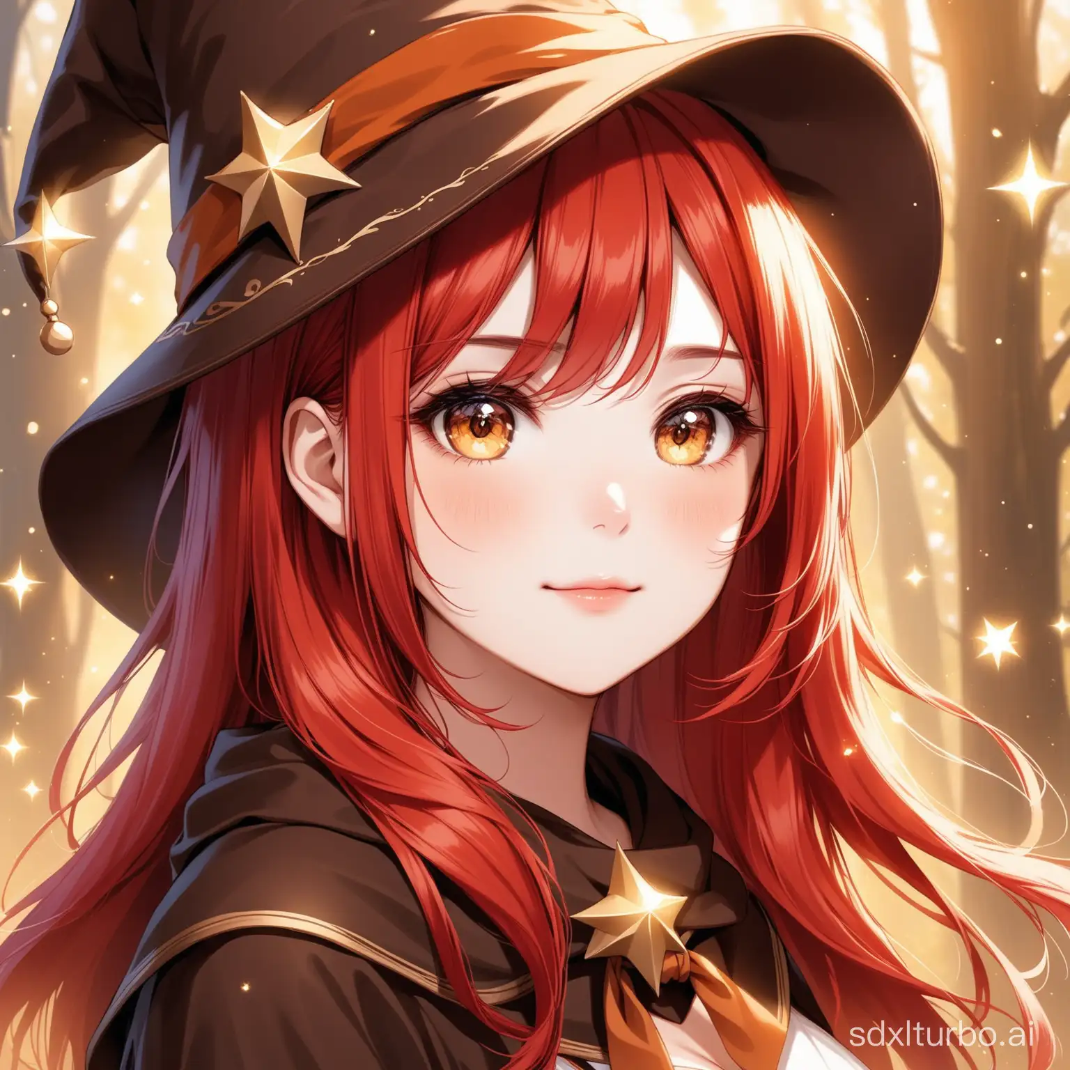Beautiful girl with red hair wearing brown magic hat, idc