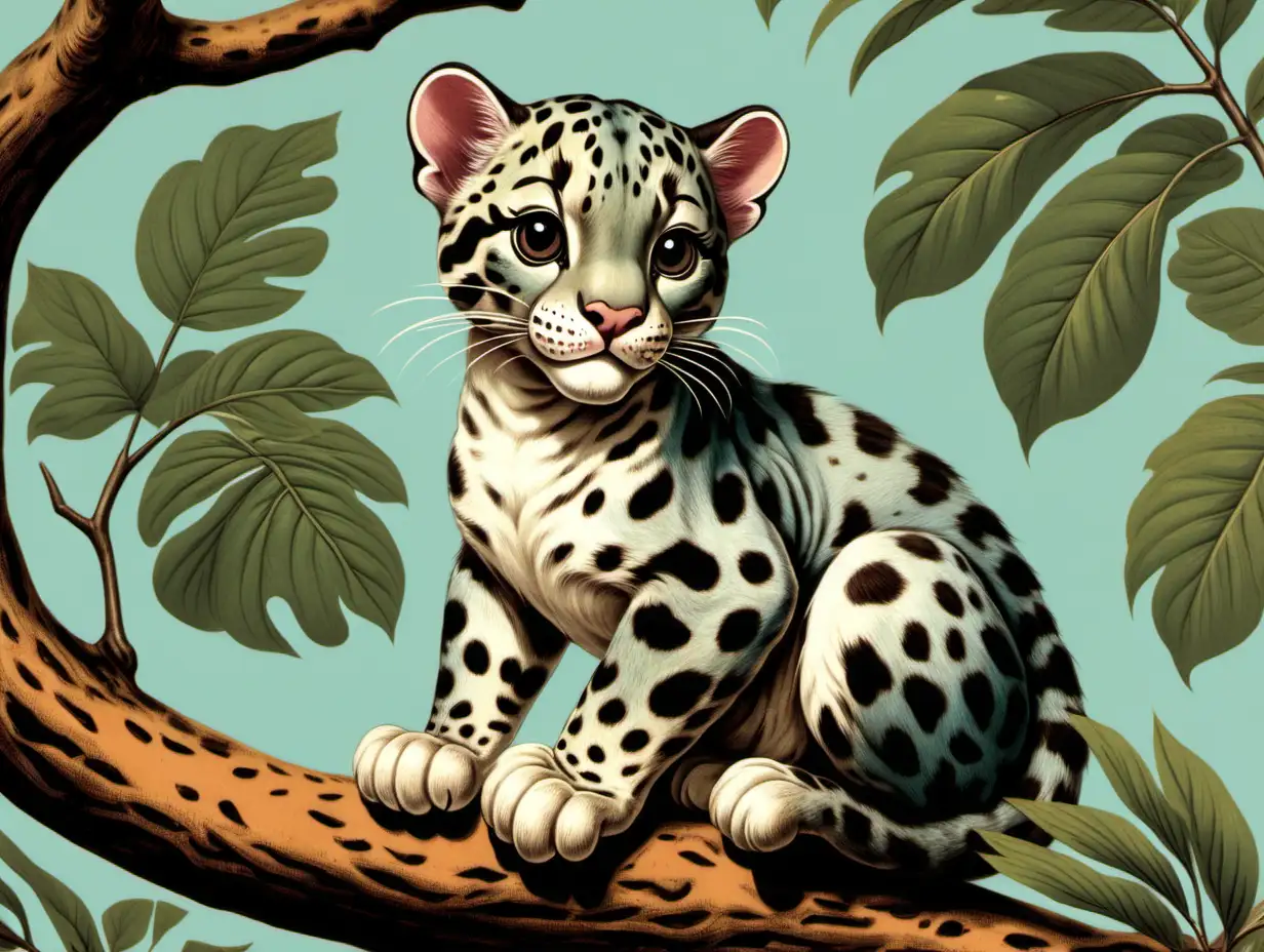 cute 1960s illustration of a clouded leopard sitting in a tree