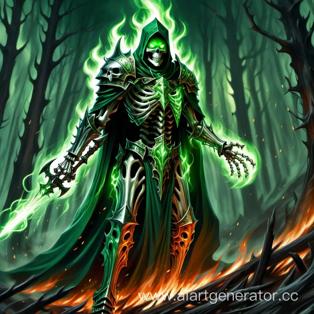 Skeleton, Green lightning, Green eyes, cloak, metal Armor, Burning Forest, The lich, Knight's Armor