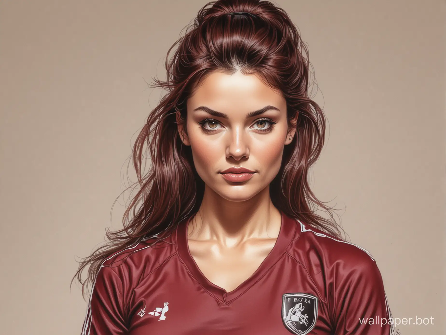 Sketch Victoria Clough hair with styling 4 size breasts narrow waist In black-burgundy soccer uniform white background sketch marker Style Boris Vallejo portrait