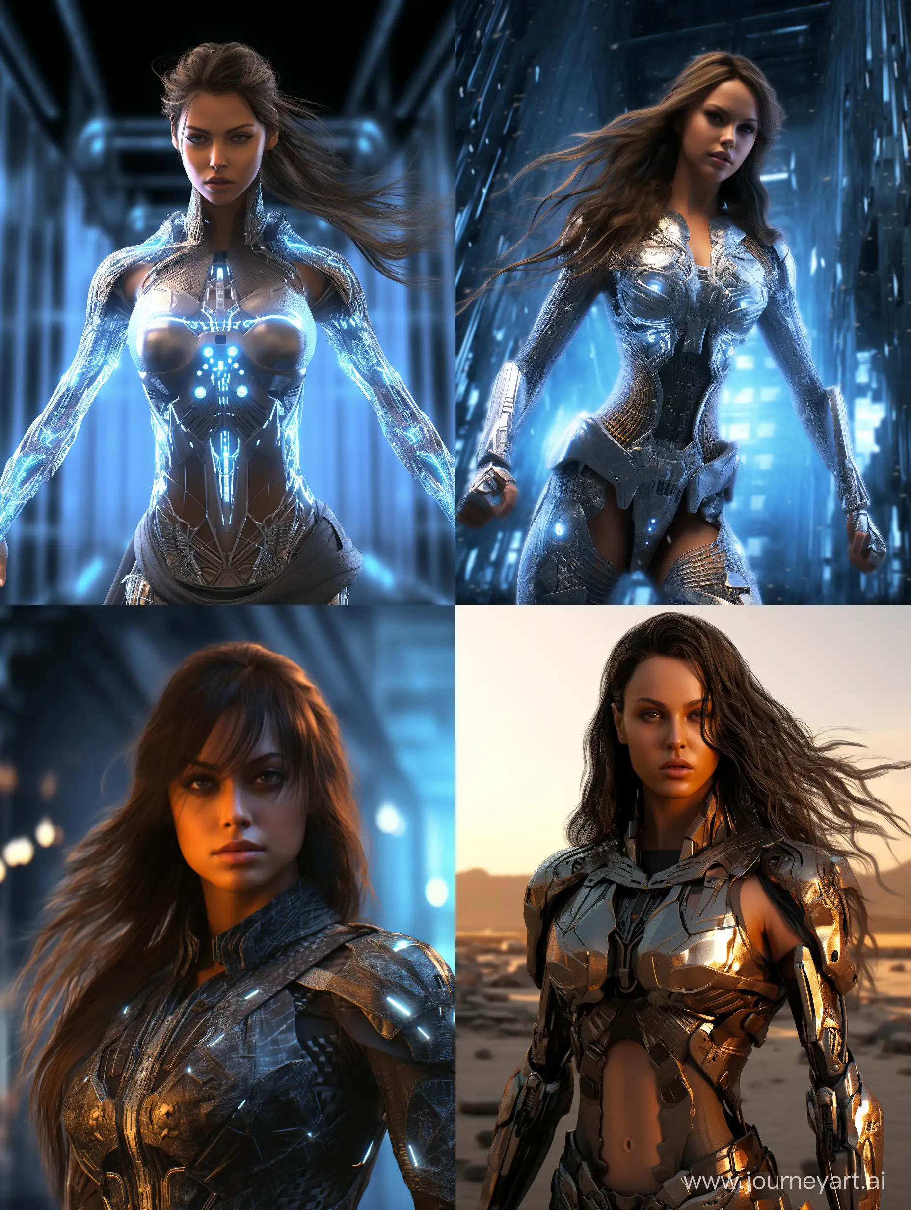 Cybernetics, action movie protagonist, female warrior, virus, cyberspace, repeating patterns, unreal, sound waves, free melody, digital world, reflection, masterpiece, 32k UHD resolution, high quality, professional photography, depth of filed, sci-fi, cinematic angle, cinematic lights, dynamic warrior pose, ultra sharp, high contrast, realistic, highly detailed, intricate details, photorealism, 32k.