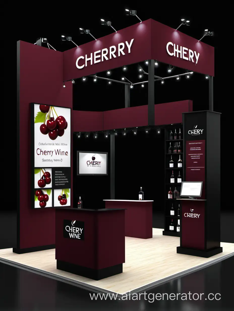 Exquisite-Exhibition-Stand-Featuring-Cherry-Wine-in-Elegant-Black-Setting
