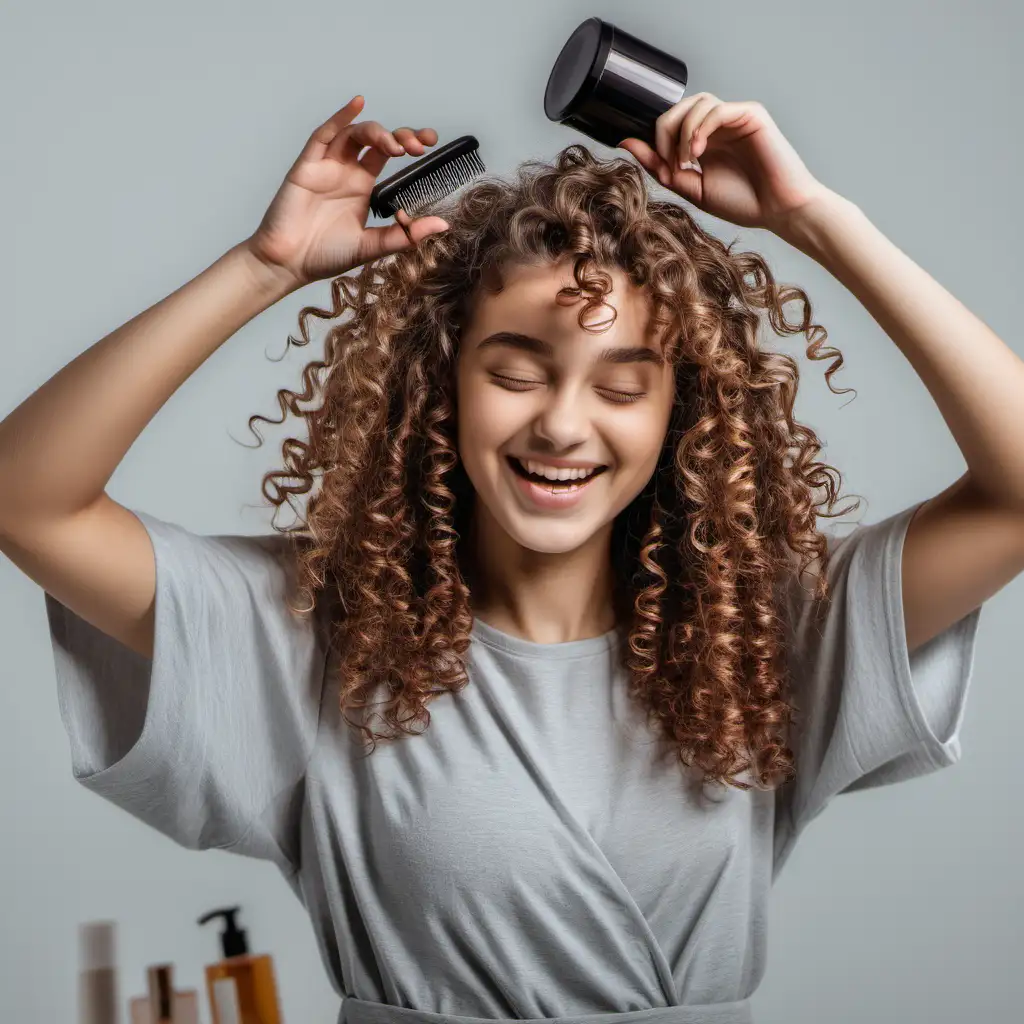 same curly headed girl putting hair product in her hair and she is satisfied with it