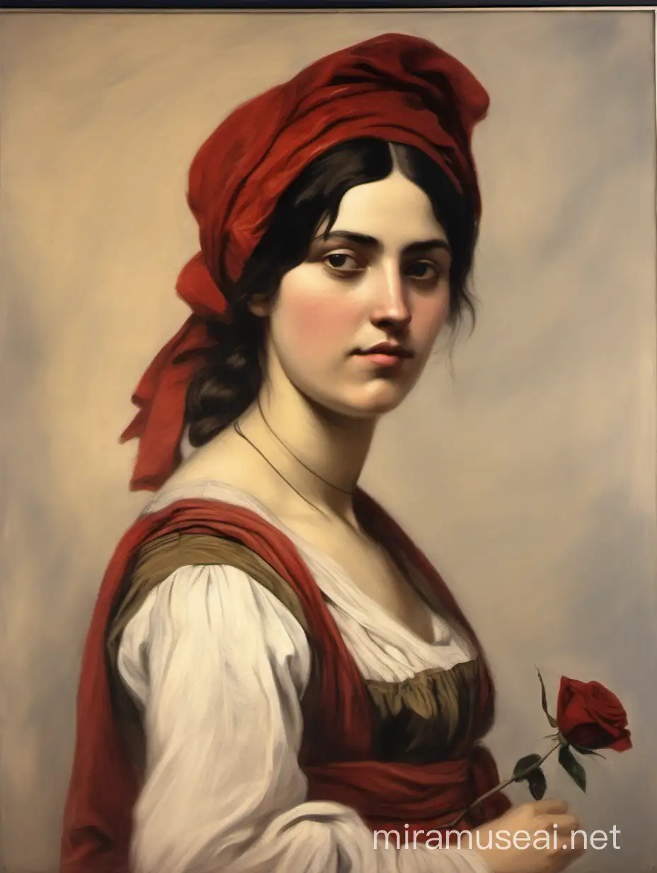 Design a painting of a young Corfiot woman in her mid-20s on traditional clothes (ca 1870s). She has dark hair and pale skin. Her clothes are red. She is wearing a scarf on her head, and she is holding a rose on her right hand. With her left hand she is holding her waist. The original designer is Charalampos Pachis. The used technique is oil on canvas.