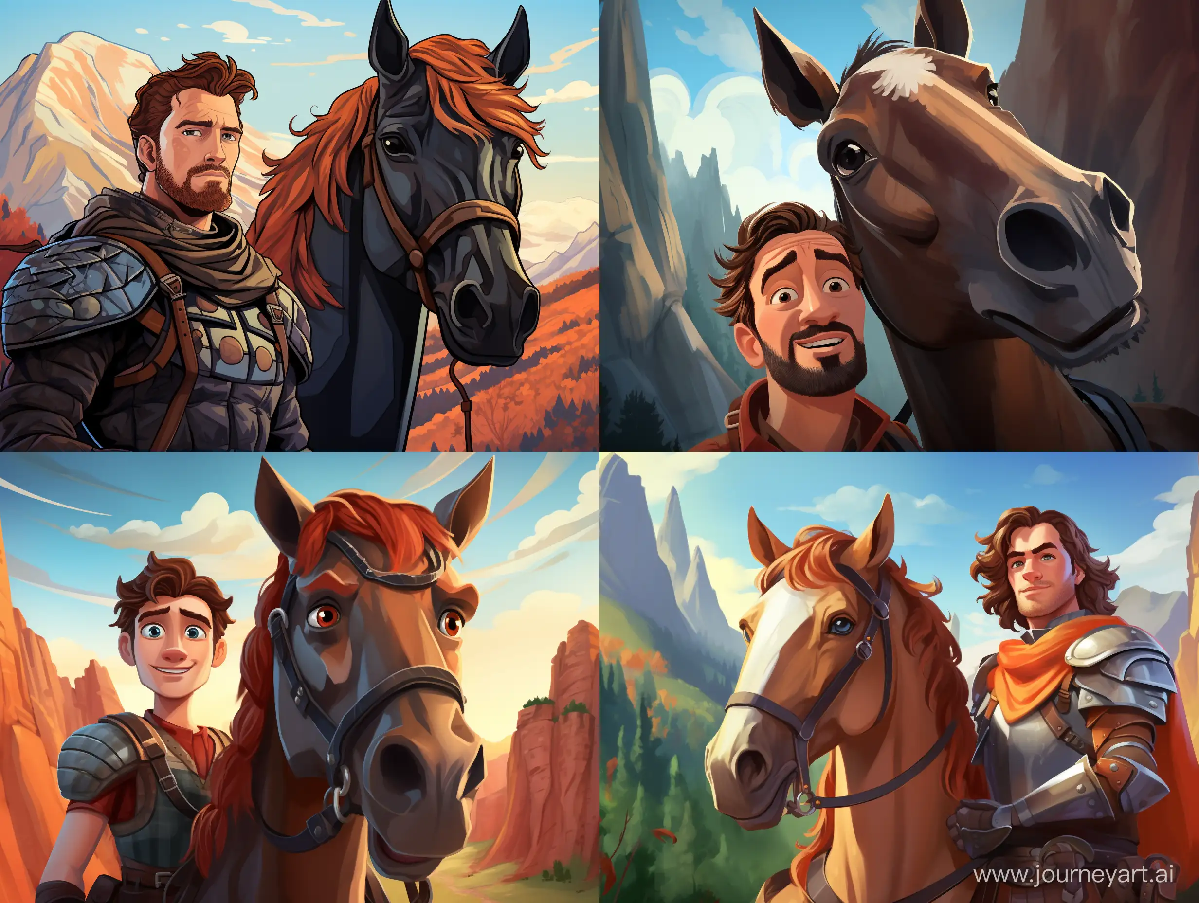 cartoon pixar style of a портрет храбрый мужчина с храбрым конем на фоне гор