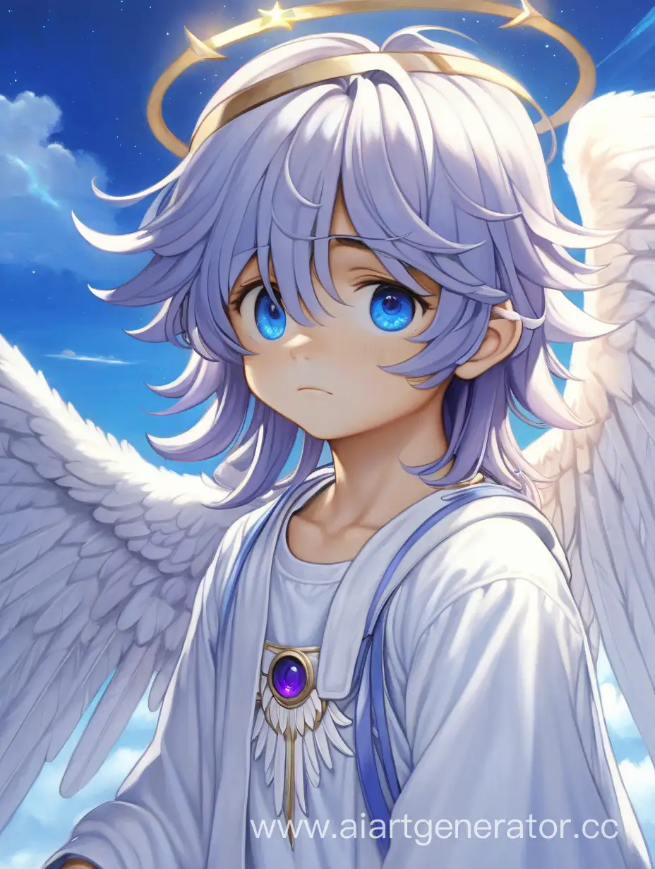 мальчик, шесть крыльев, ангел, длинные волосы, белые крылья, белая одежда, один глаз голубой, второй глаз фиолетовый, нимб над головой, на фоне неба