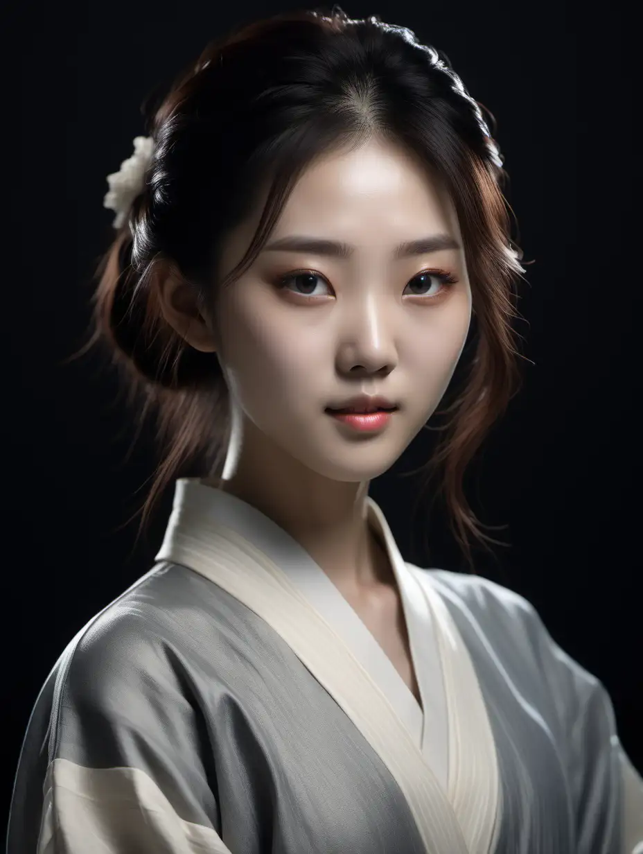 a young Korean woman is posing for a picture, in the style of realistic yet ethereal, dark gray and light beige, xiaofei yue, detailed facial features, aurorapunk, colorized, light white and dark brown --ar 32:31 --s 750 --v 5.2