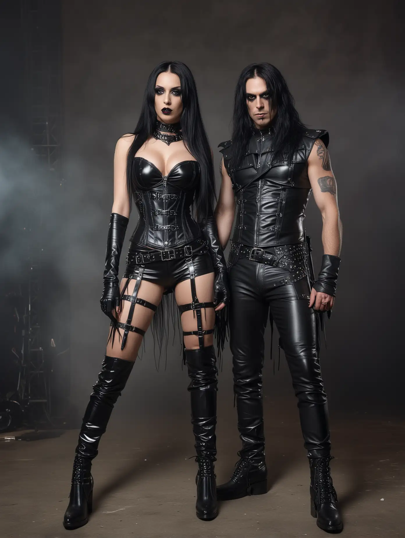 2 persons, a man and a woman. Gothic woman and a blackmetalhead rocker man. The woman wears a latex corset and miniskirt. The man wears leather pants and a bullet belt. Both of them has long black hair, smokey eye make up and long black nails. The surrounding is a heavy metal concert.