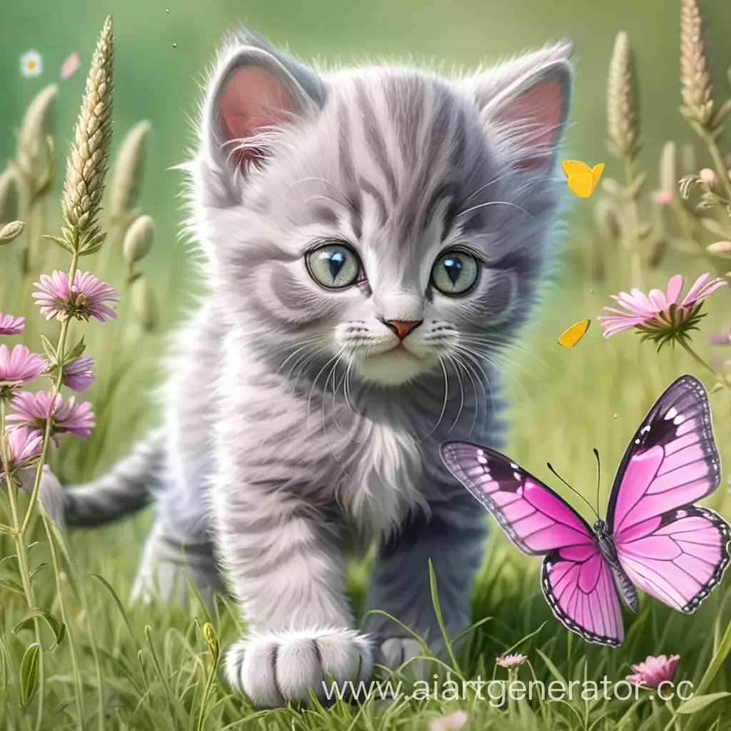 Playful-Gray-Kitten-with-Pink-Butterfly-in-Meadow-Amid-Burdocks