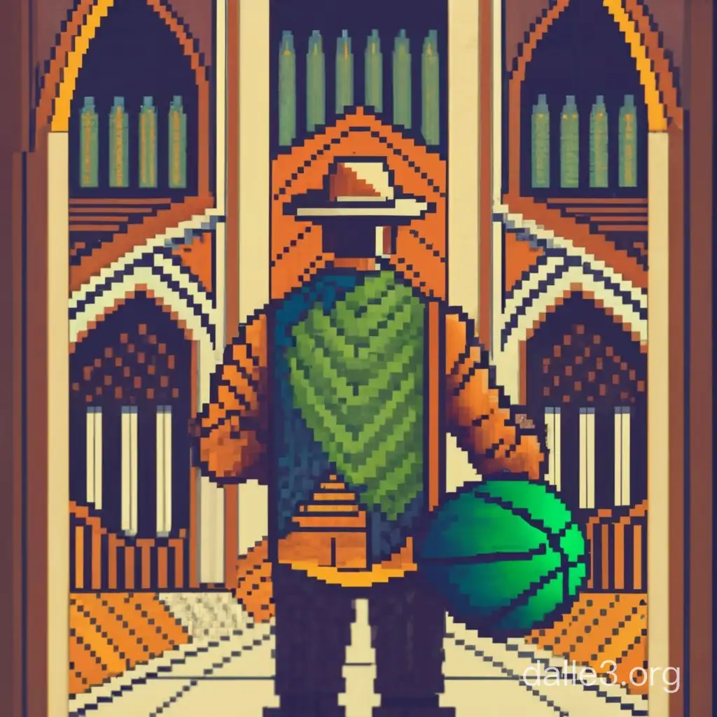 Pixel art of a farmer in a cathedral holding a green basketball