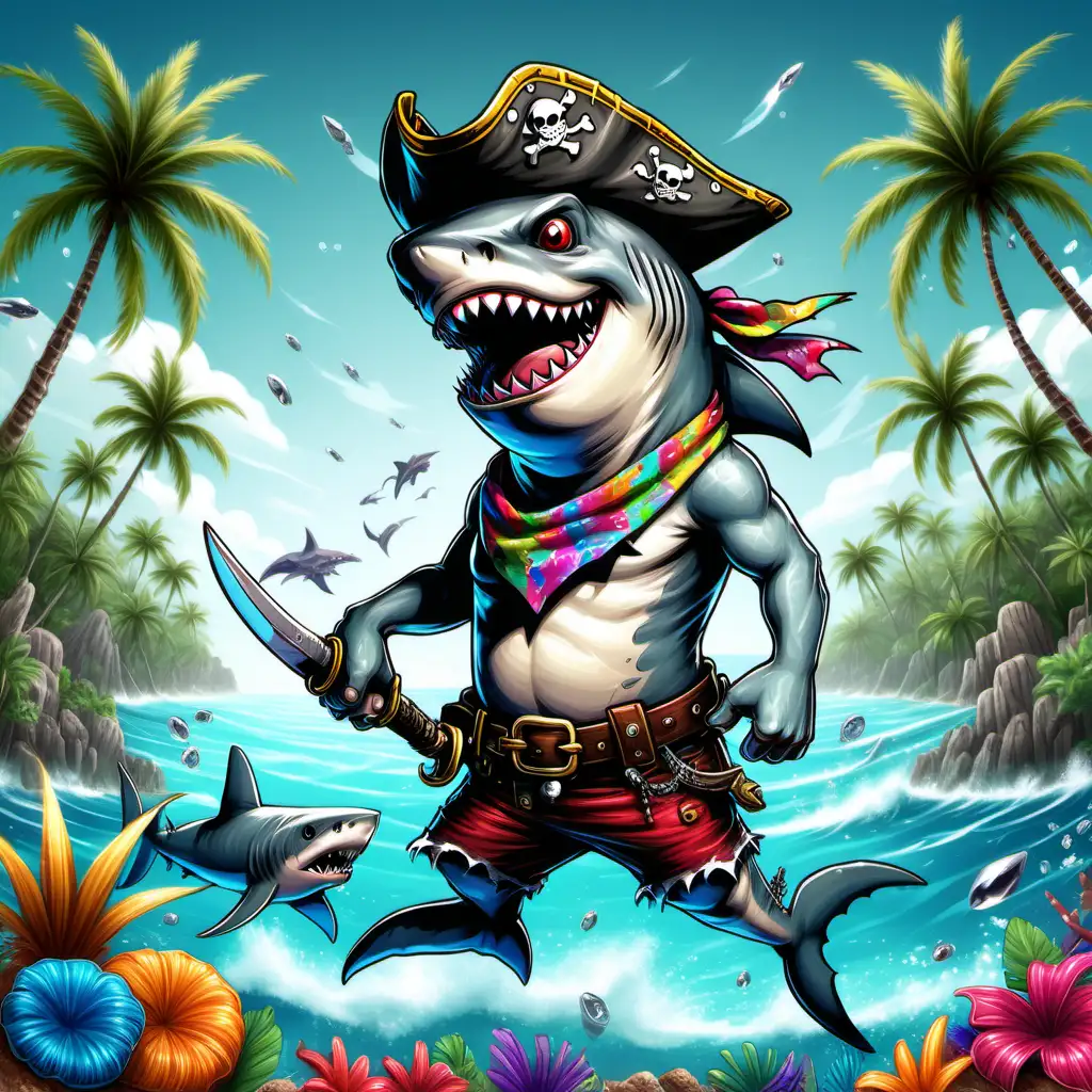Generate an image of a whimsical shark pirate standing proudly on his tail, wearing a tattered pirate hat adorned with feathers and a colorful bandana around his neck. His eyes are bright and curious, and he has a mischievous grin filled with rows of sharp teeth. The background features a tropical island setting with palm trees swaying in the breeze and crystal-clear waters teeming with marine life