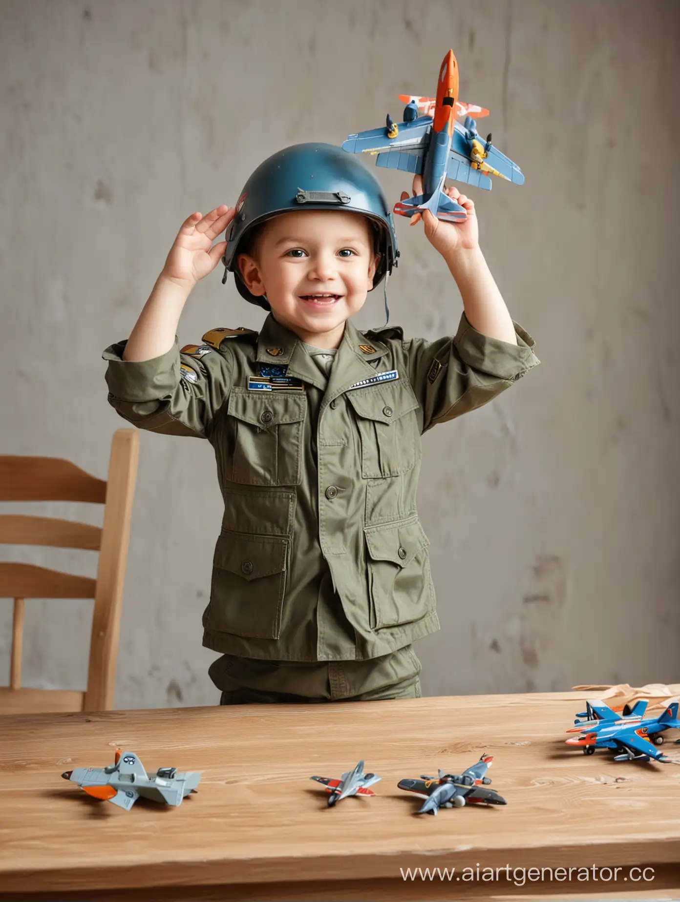 Cheerful-Child-in-Military-Outfit-Displaying-Toy-Airplane