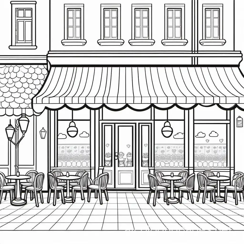 Cafe background, Coloring Page, black and white, line art, white background, Simplicity, Ample White Space. The background of the coloring page is plain white to make it easy for young children to color within the lines. The outlines of all the subjects are easy to distinguish, making it simple for kids to color without too much difficulty