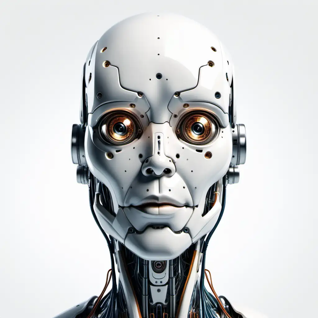 Futuristic Humanoid Robot Head on White Background
