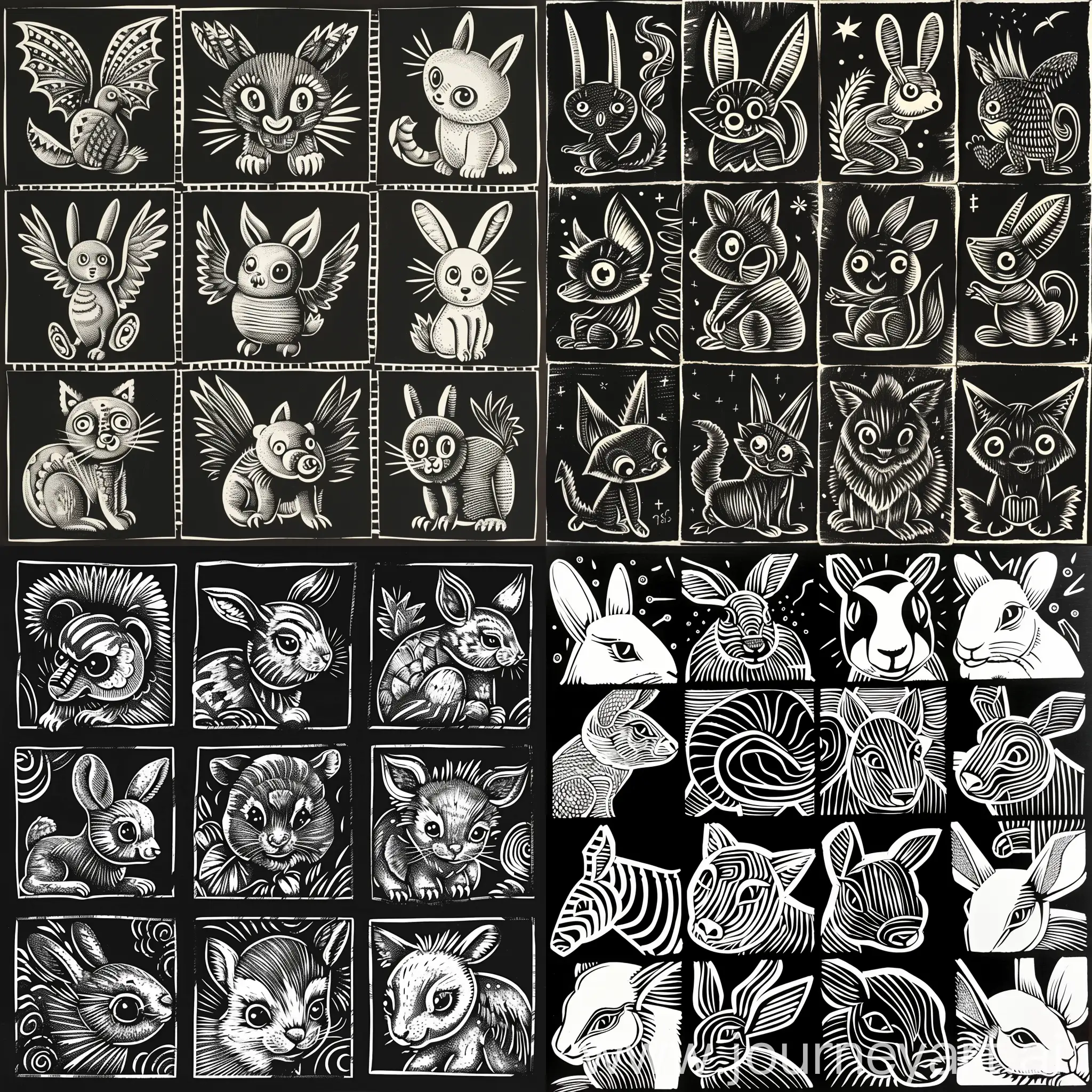 This set of black and white woodcut prints showcases a series of cute animal themes, each cleverly incorporating various knife techniques. The lines are arranged in an orderly manner, with other animals as the main background, presenting rich hierarchical changes. The details are rich and exquisite, highlighting the theme and showcasing a sense of changing beauty. Each image reflects a unique processing intention, with clear layers, giving people a strong visual impact.