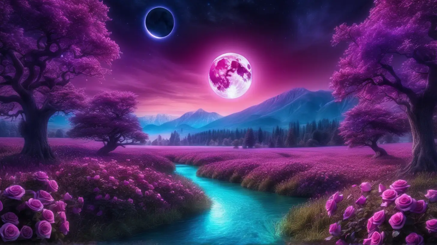 Big Black sun in a total eclipse with magical -glowing-purple-green-oak trees. Fairytale-magical forest with bright-blue glowing river of pink roses and mountains