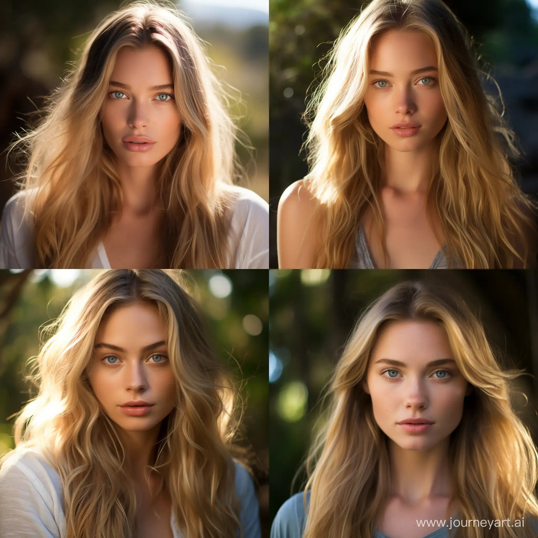 A photorealistic portrait of a 23-year-old Australian girl with long, flowing blonde hair, perfect cheekbones and striking blue eyes. She should have a natural, serene expression and be illuminated by morning hour sunlight. The background should be a scenic outdoor setting, perhaps a garden or beach. Capture this image with a high-resolution Canon camera using an 85mm lens for a flattering perspective.