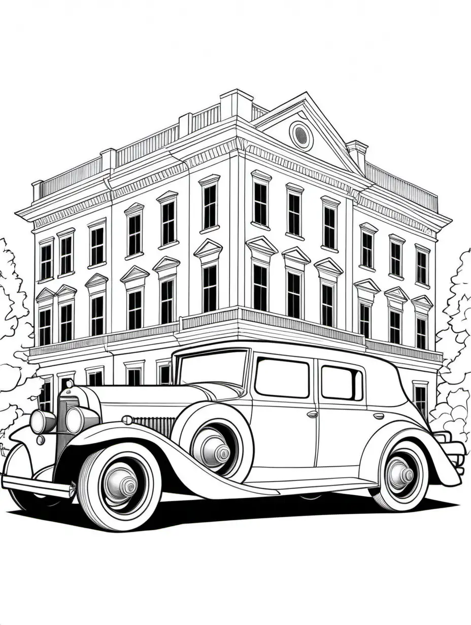 old classic car by mansion , Coloring Page, black and white, line art, white background, Simplicity, Ample White Space. The background of the coloring page is plain white to make it easy for young children to color within the lines. The outlines of all the subjects are easy to distinguish, making it simple for kids to color without too much difficulty