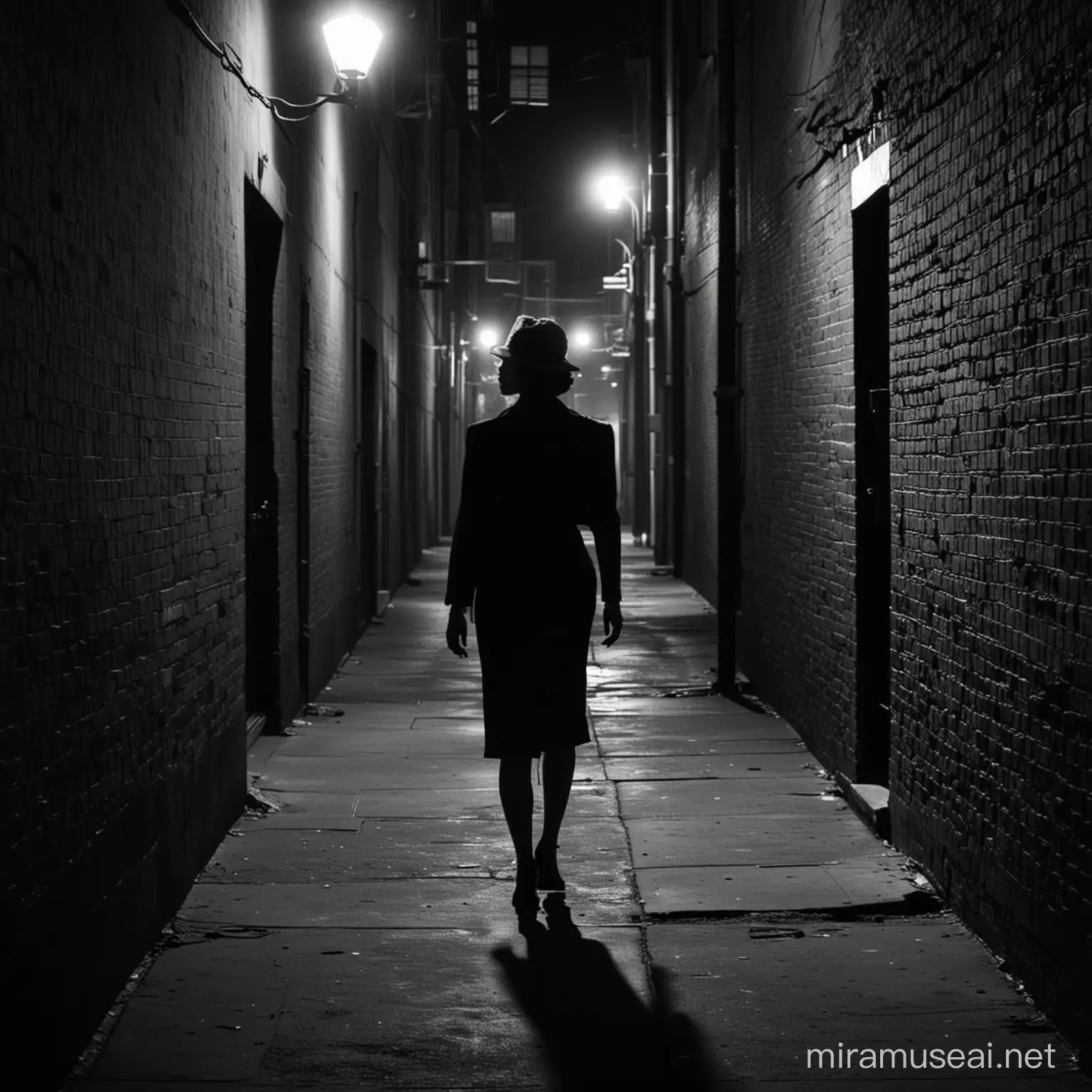 Mysterious Woman Walking Alone in Retro Film Noir Style Alley