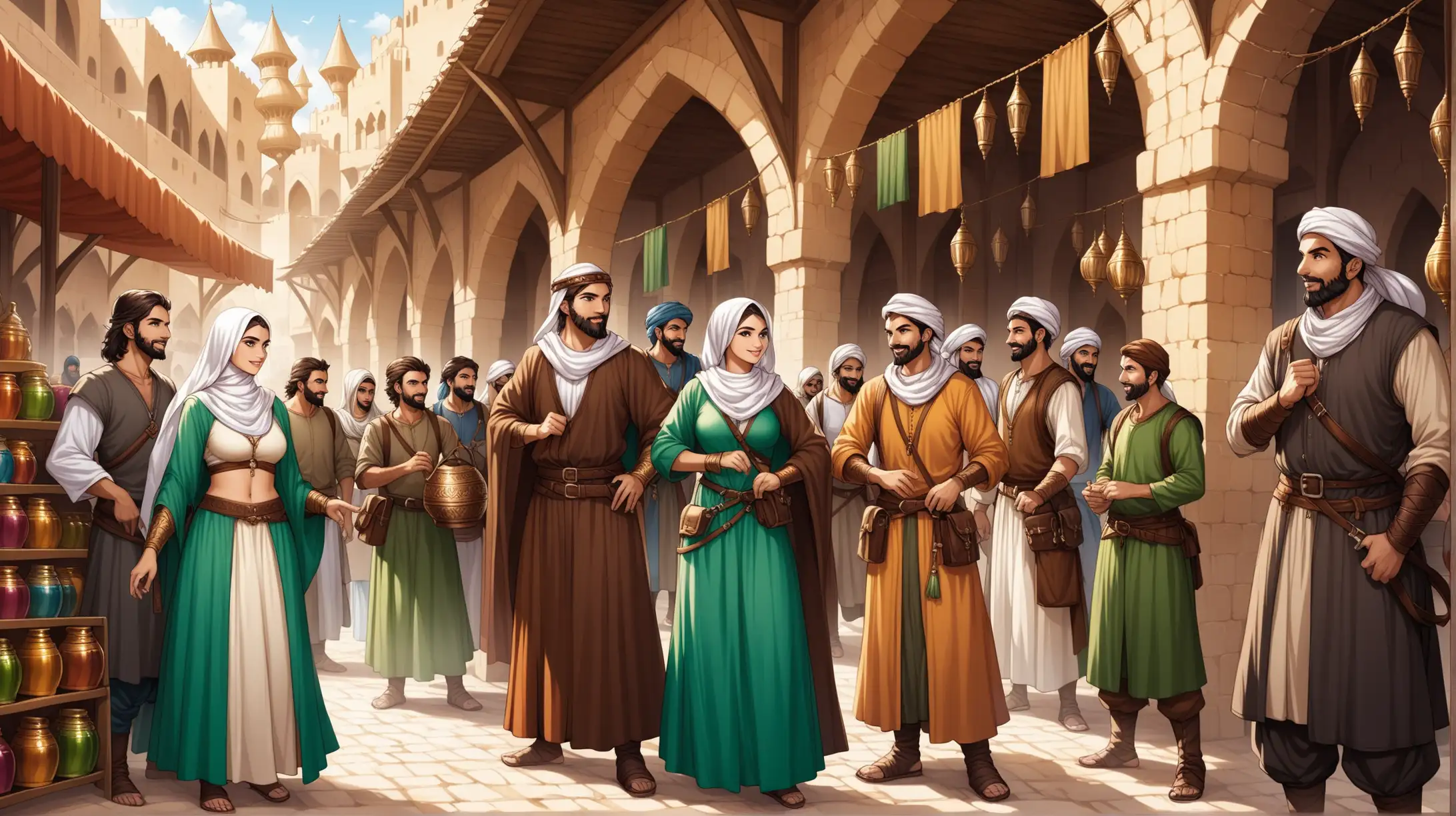 group of adventurers, men and women, Arabic Persian, bazaar, Medieval fantasy