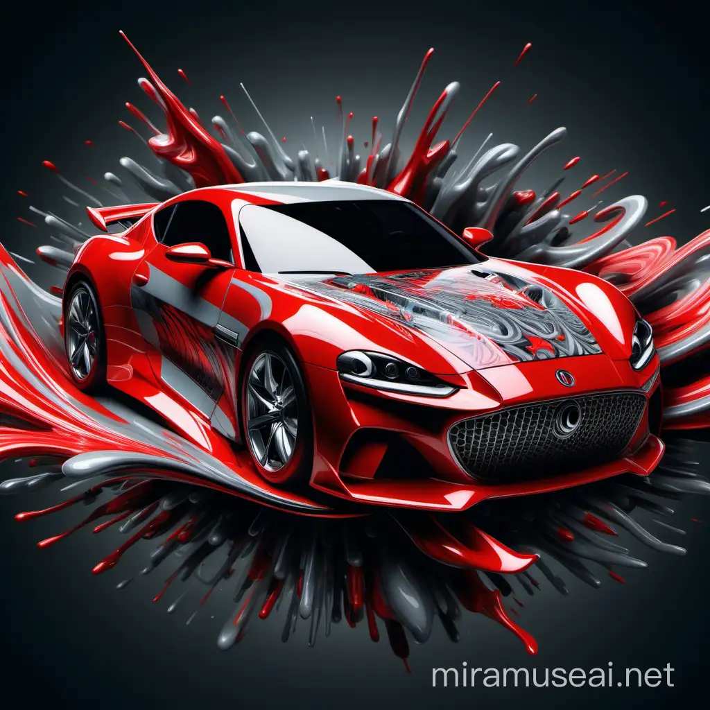 Raytracing effects in Photoshop portrait of car, featuring Flowing Shapes, intricate illustrations, and flowing forms in rebellion red and freedom grey. Includes focus stacking and bold, gestural strokes.