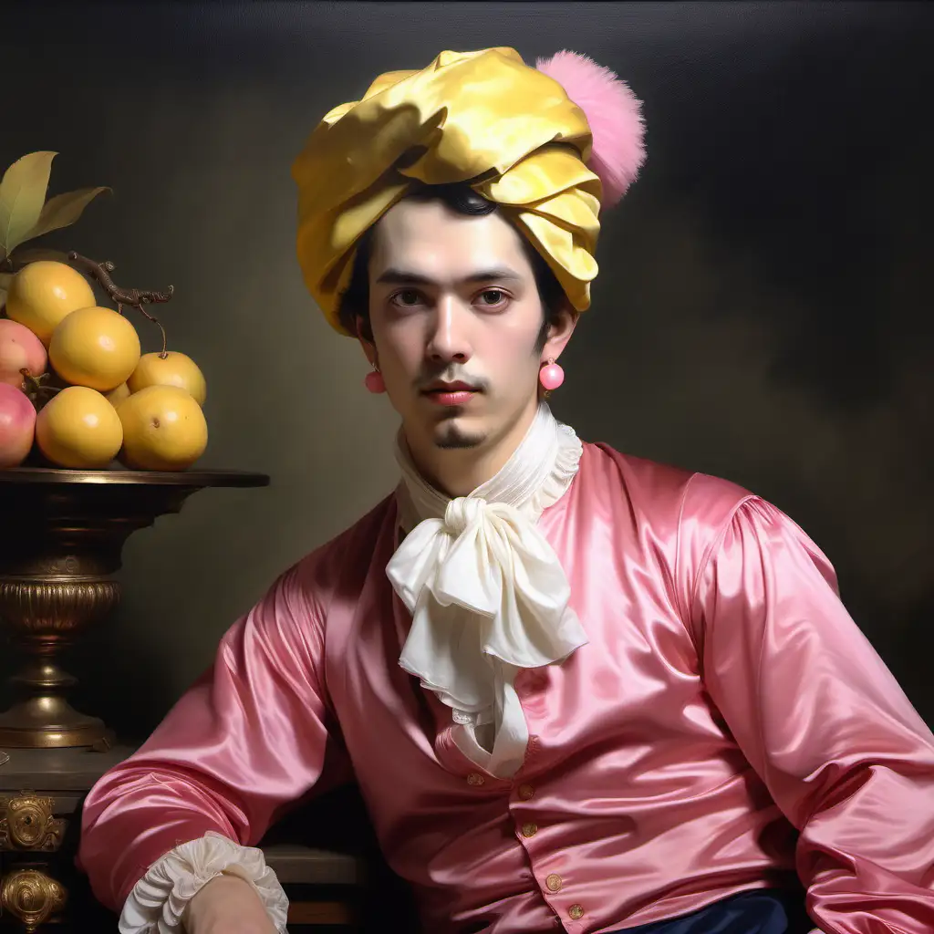 Generate a rough oil painting that portrays an early 19th-century middle age man, capturing the essence of that era's romanticism, yellow fruit turban, pink loose Silk blouse, big Earrings, fashion, and ambiance. The painting should reflect the mood and style of the early 1800s and evoke the romance of that time